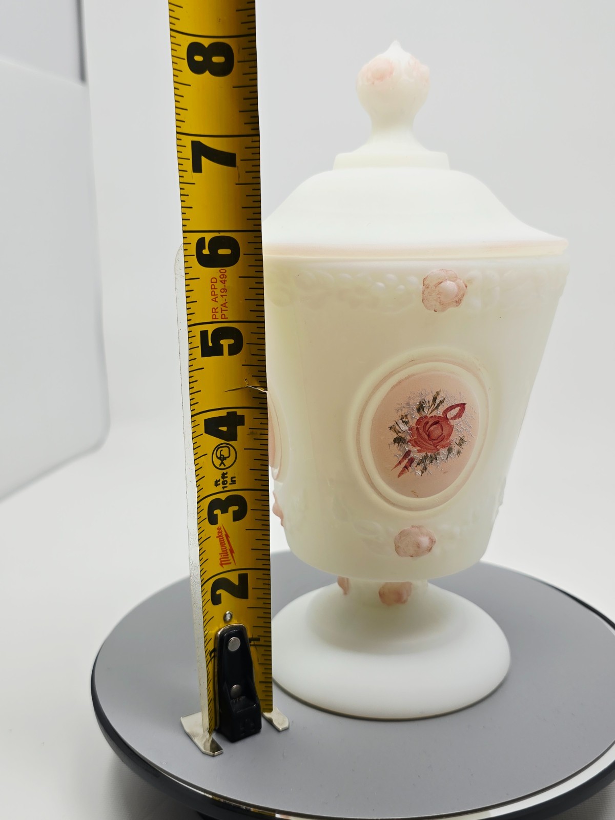FENTON White Satin Pink Roses Painted Lidded Candy Dish 8.25″ Vintage