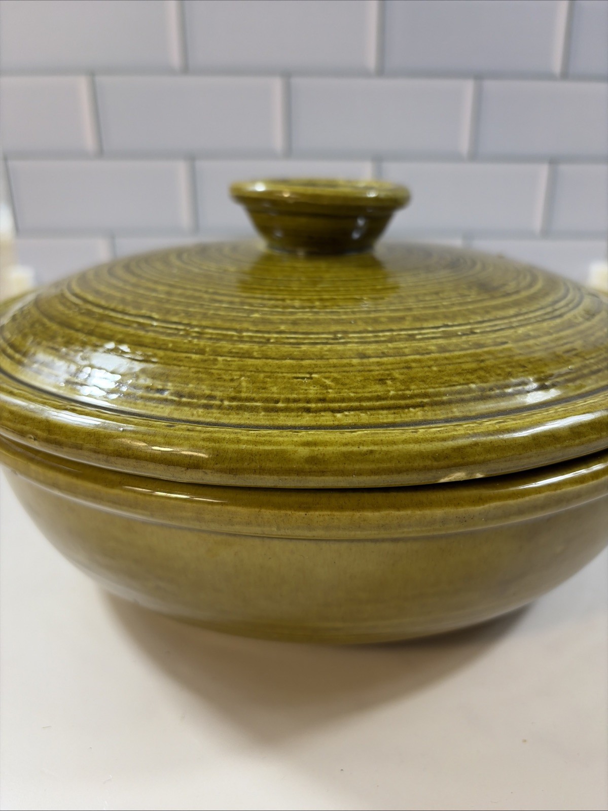 Vintage USA Olive Green Casserole Dish Bowl Lid Pottery Stoneware; MCM Beauty!!