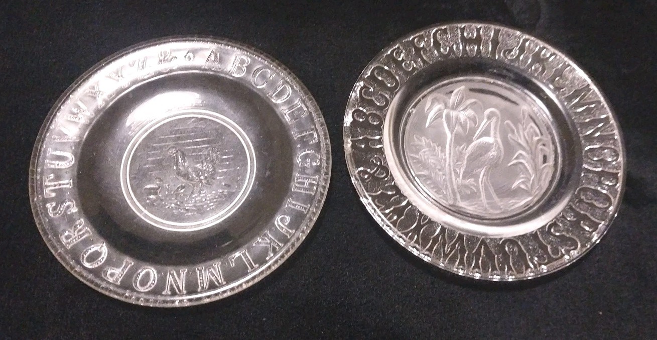1870s ABC Plates- Frosted Stork Flamingo Crane Crystal Glass EAPG -Hen Chicks