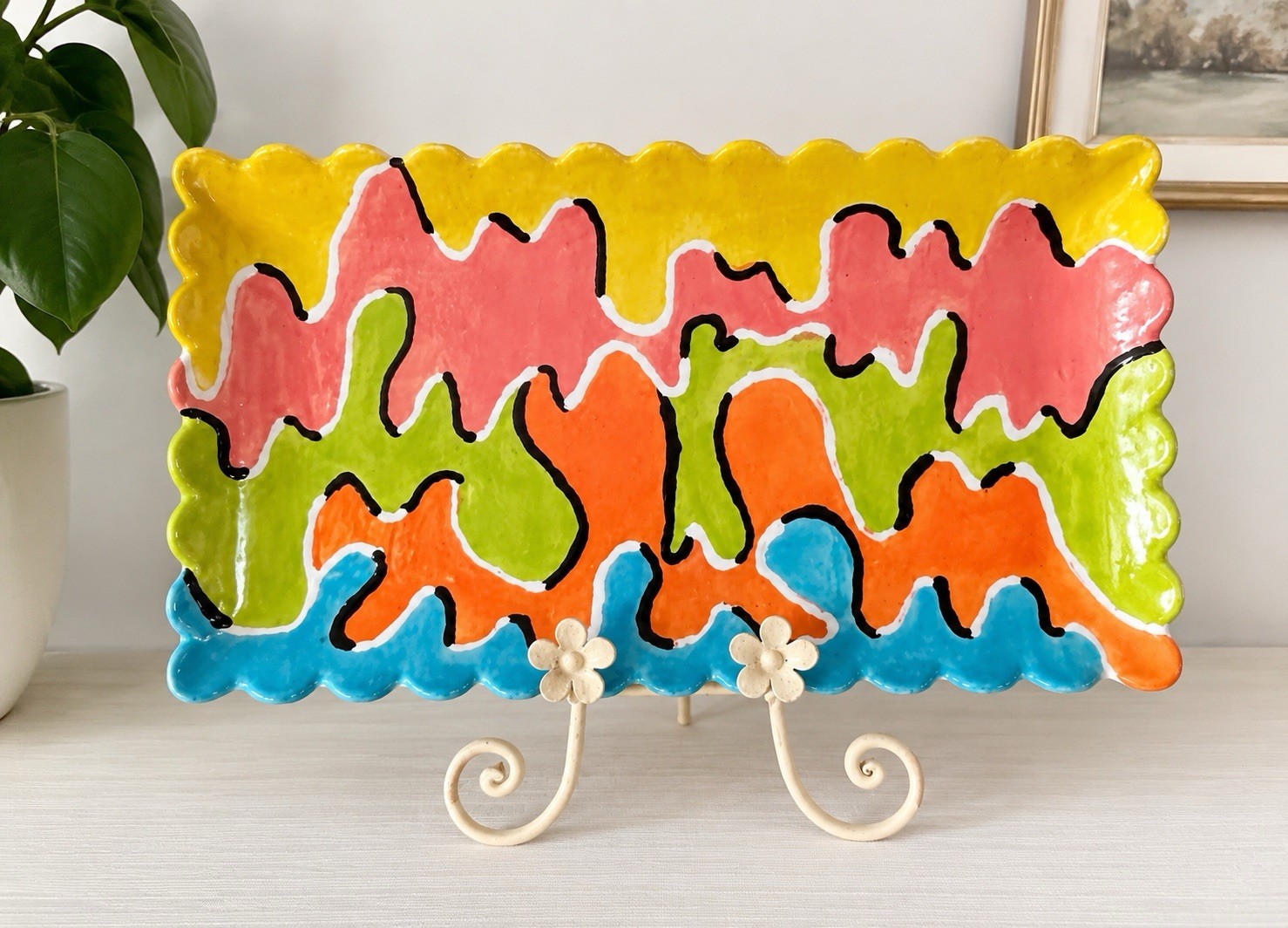 Signed Lori Mobbs Handmade Studio Pottery Abstract Art Ceramic Tray Platter