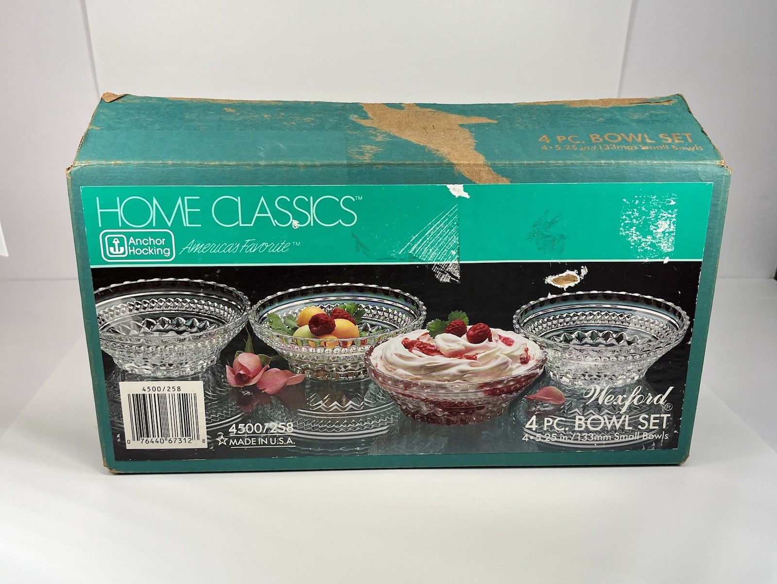 Set Of 4 Vtg Anchor Hocking Wexford Diamond Clear Glass Berry Dessert Bowls Box
