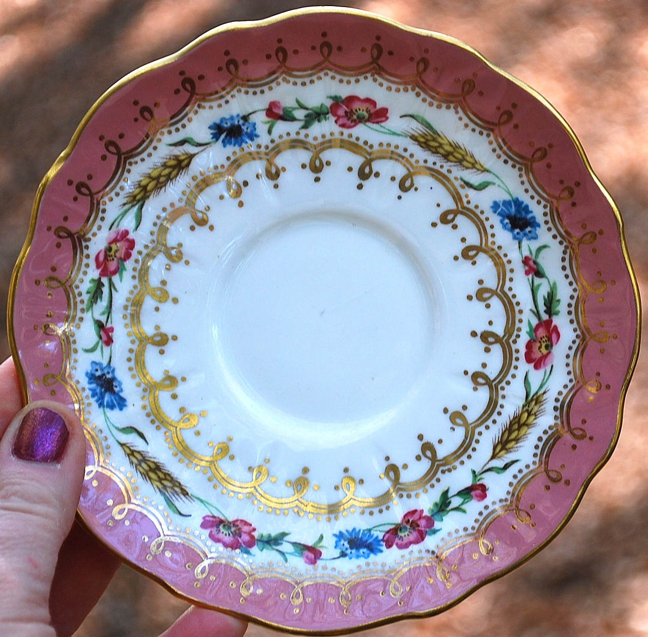Vtg AYNSLEY ENGLAND Footed Teacup & Saucer HARVEST WHEAT/PINK FLORAL Bone China