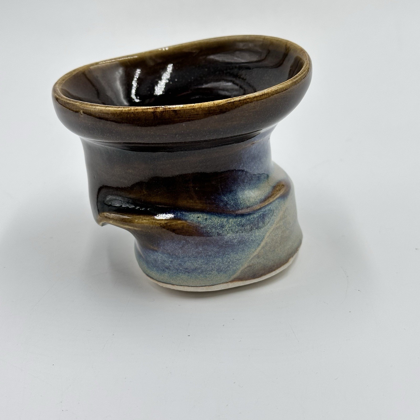 Studio Art Asymmetrical Warped Pottery Cup Blue Drip Glazed Artist Initialed