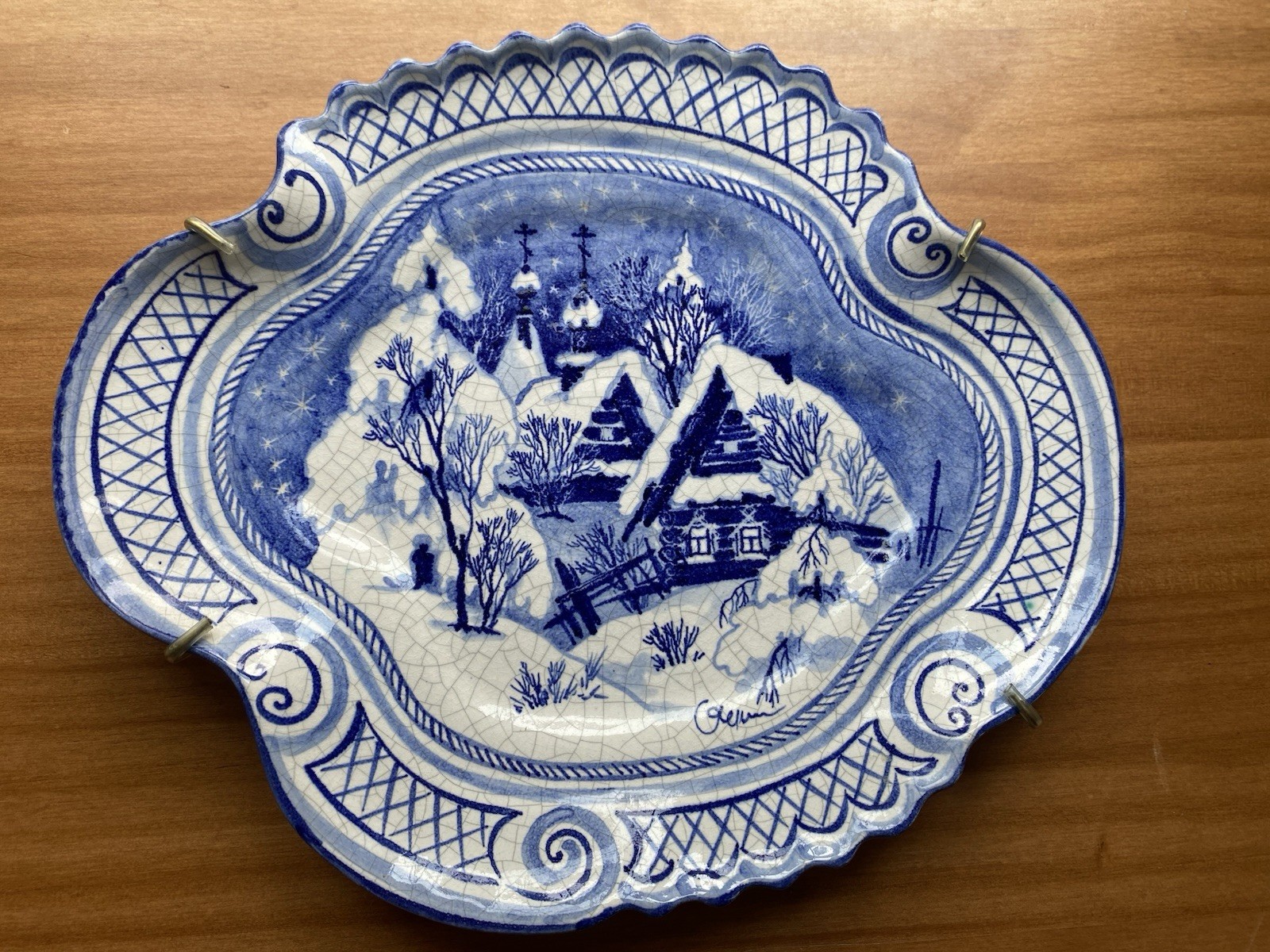 Vintage Blue & White Crackle Glaze Winter Village Decorative Wall Plate |