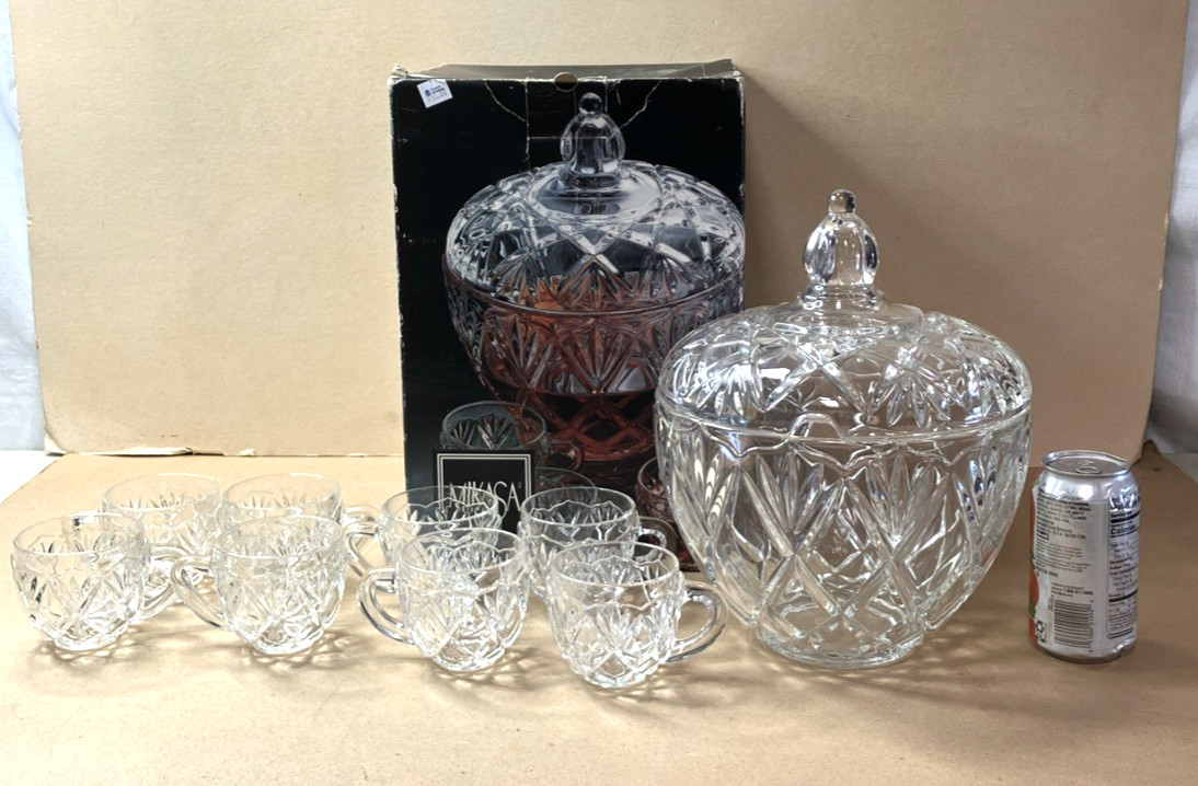 Mikasa Roxborough 9 Pc Punch Bowl Set Crystal Glass w/ Box SA809