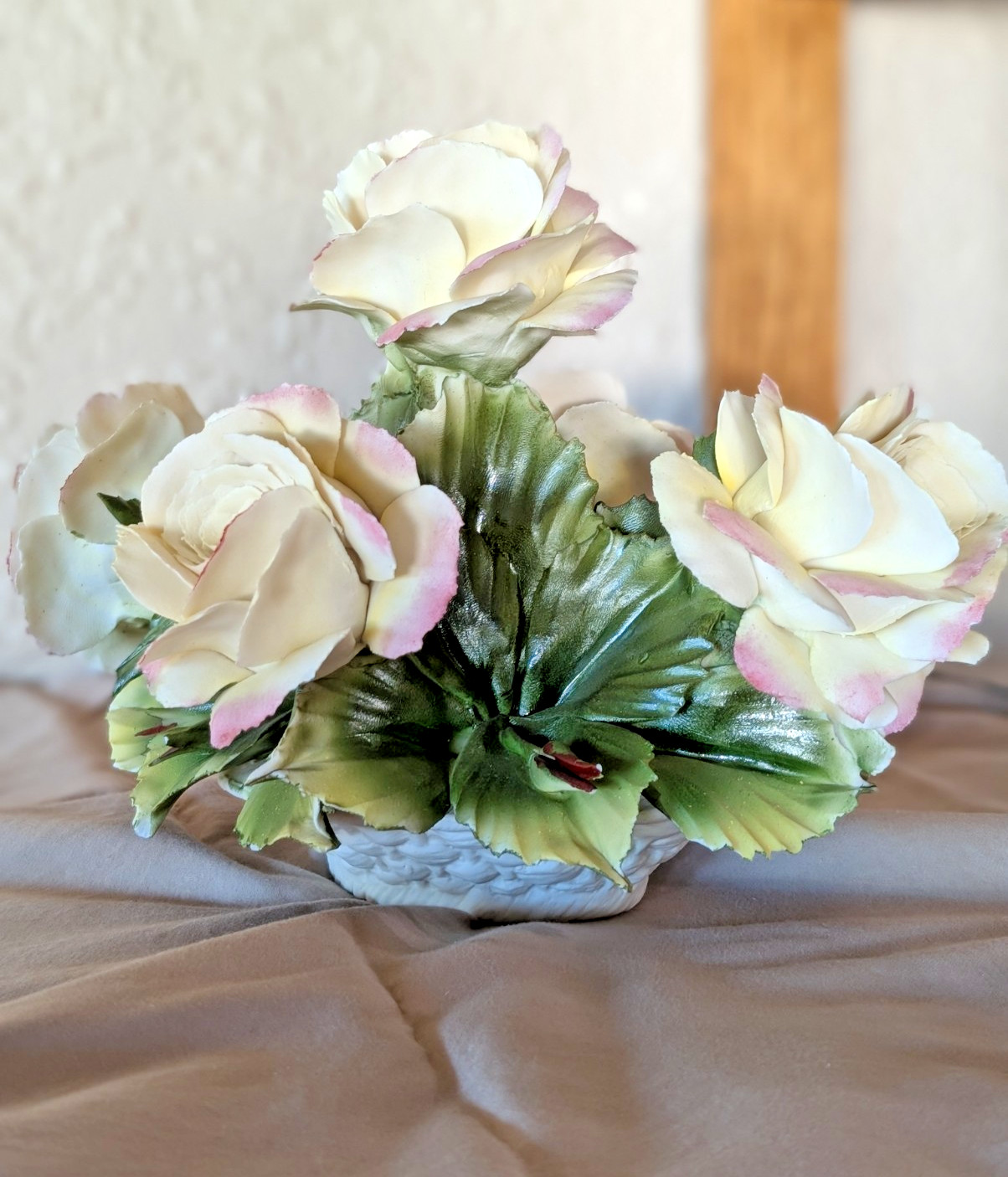 Vintage Capodimonte Porcelain Roses Centerpiece Made in Italy Blue Crown Mark