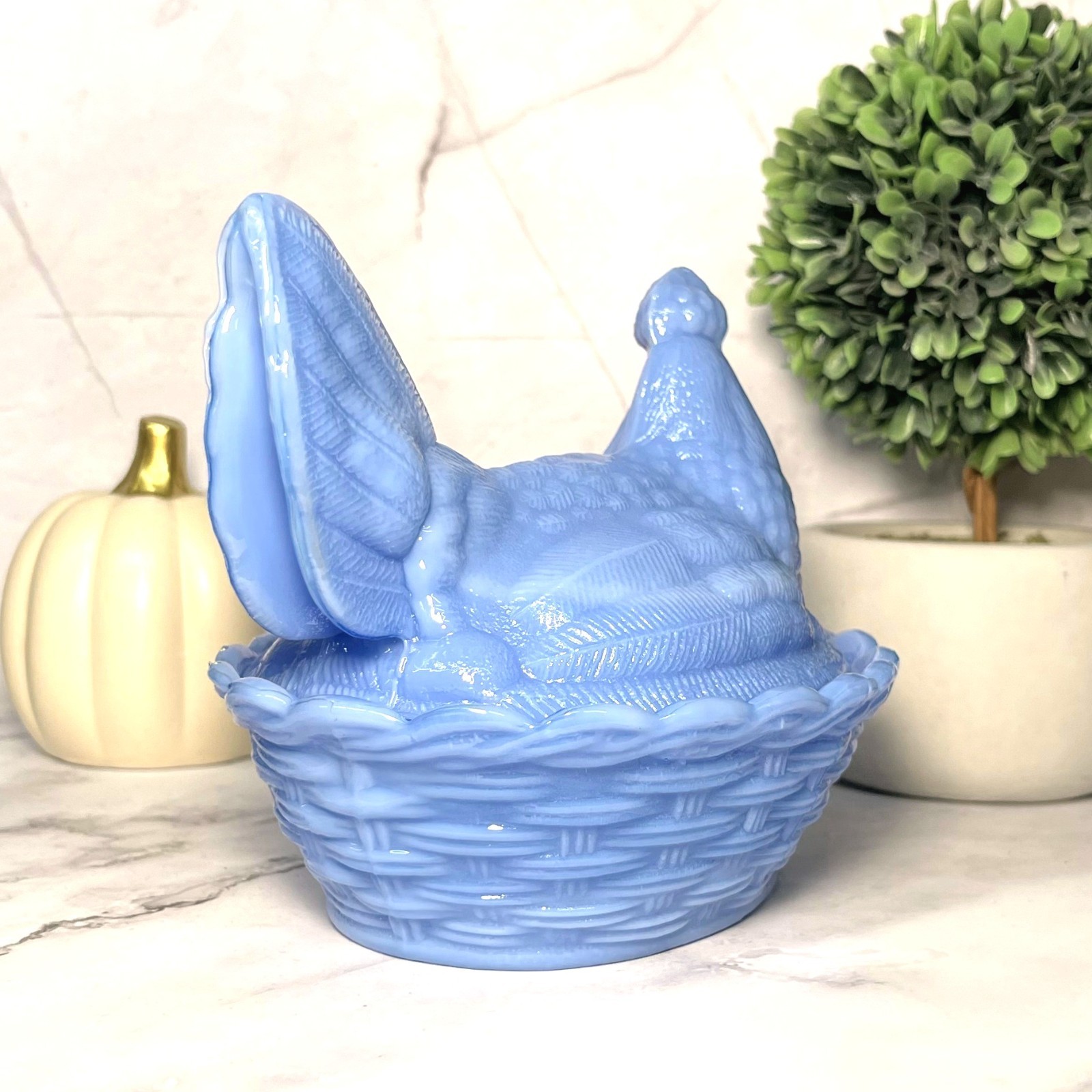 Hen on Nest Chicken Periwinkle Blue Depression Style Glass Candy Dish, VTG Style