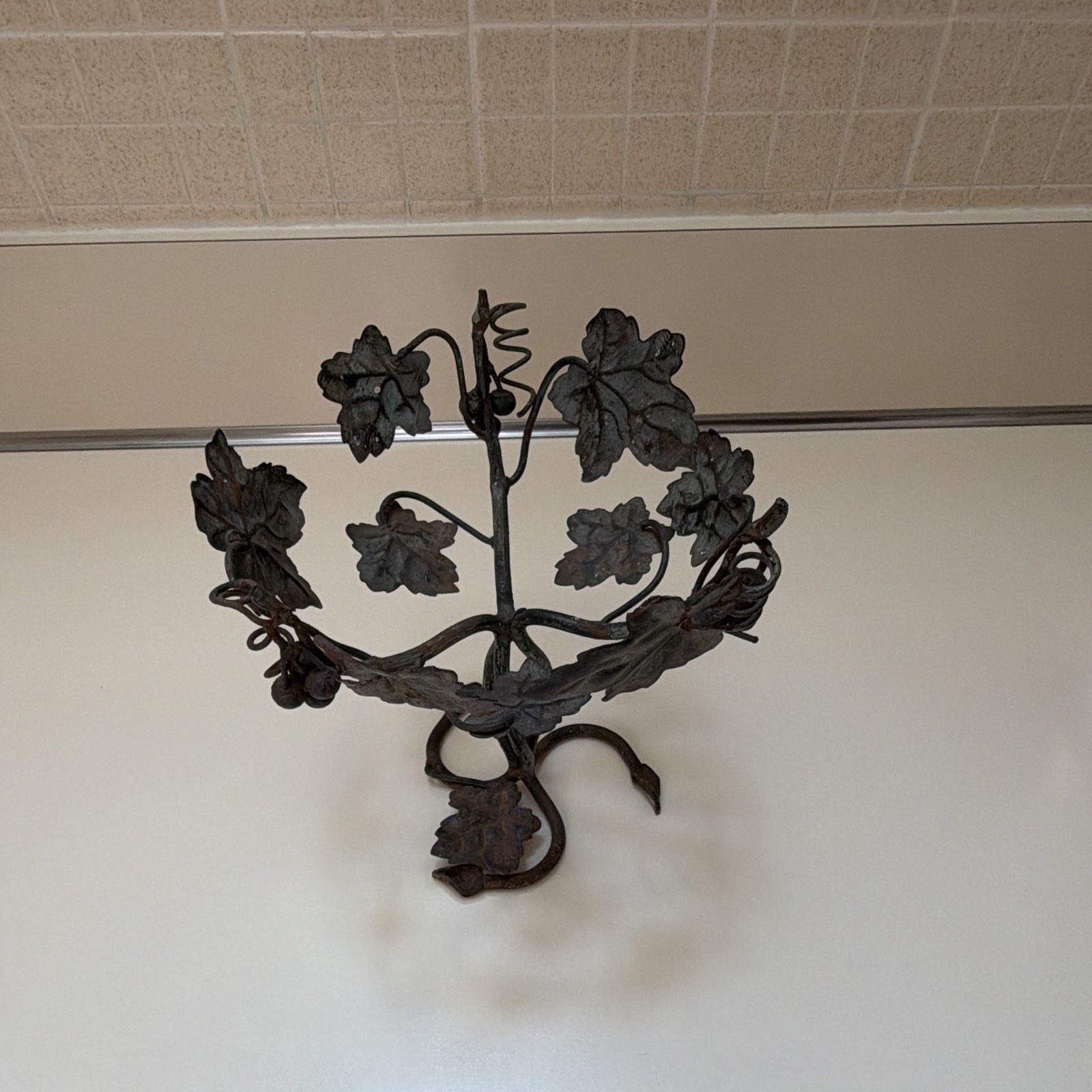 Clear Glass Floral Etched Compote Pedestal Bowl w/ Black Metal Leaf Vine Stand