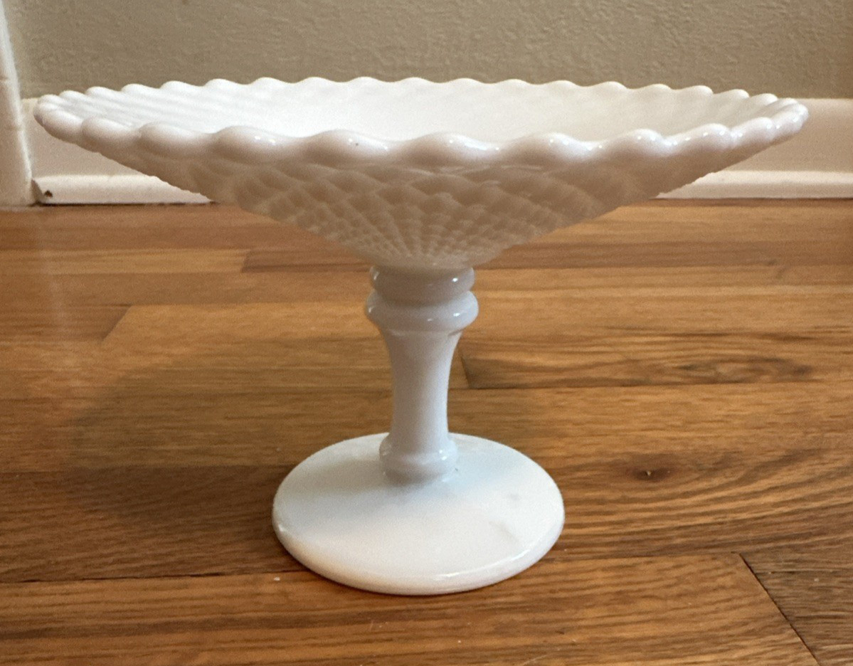 Vintage Westmoreland Glass Co Diamond Milk Glass Pedestal Compote Candy Dish