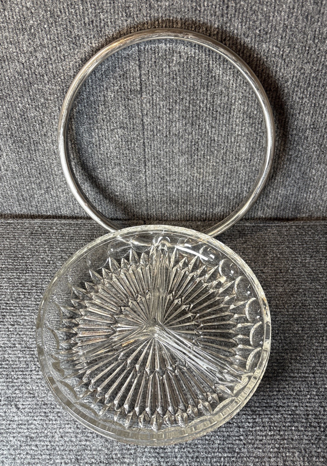 Vintage Pressed Glass 3 Part Relish Dish 9″ With Metal Band 2 1/2 Pounds