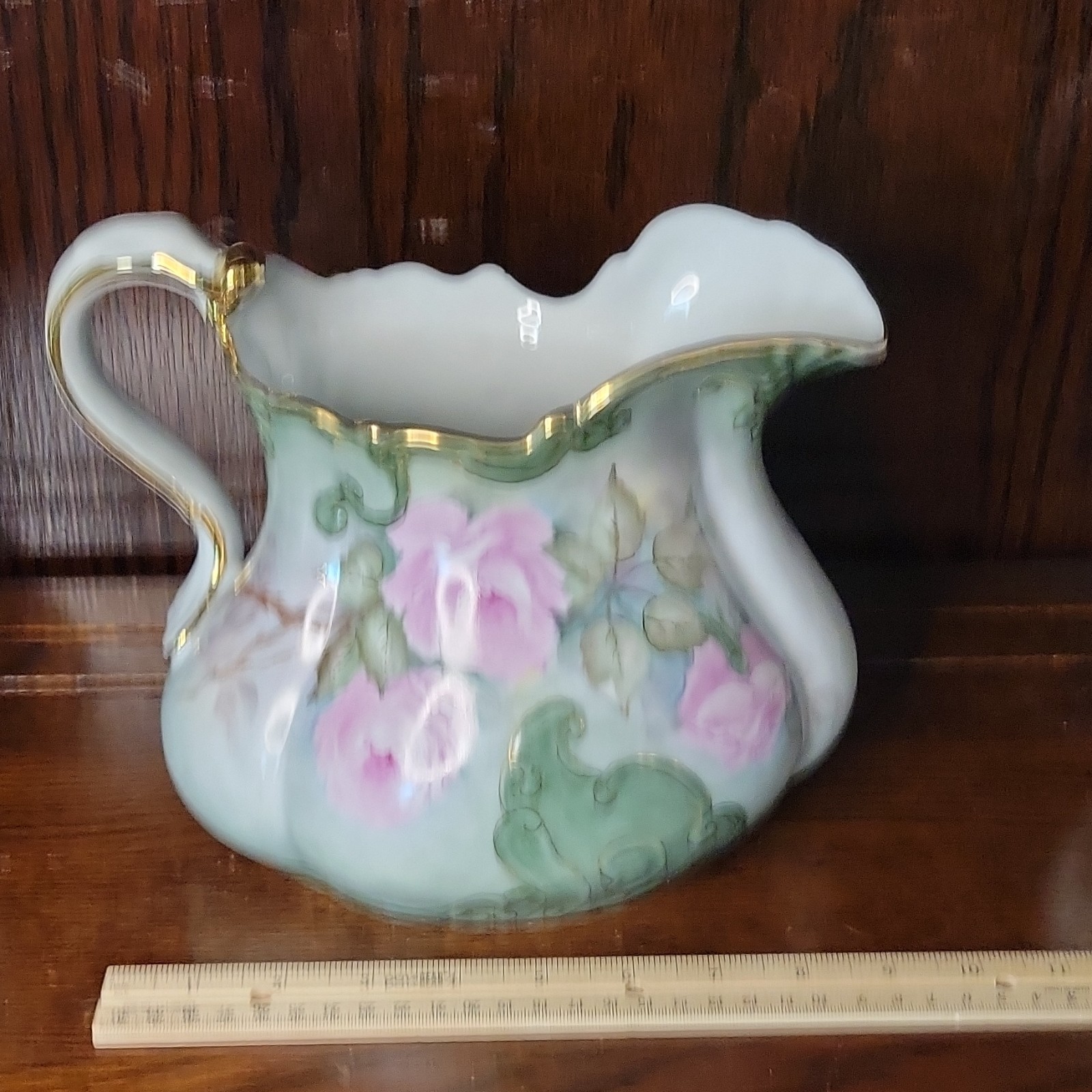 Lefton Heritage Roses Porcelain Pitcher White Pink Green Gold Trim