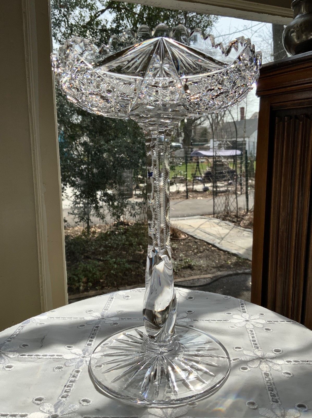 AMERICAN BRILLIANT CUT GLASS 10″ TWIST STEM COMPOTE / ATTRIB: LIBBEY C.1900-1910