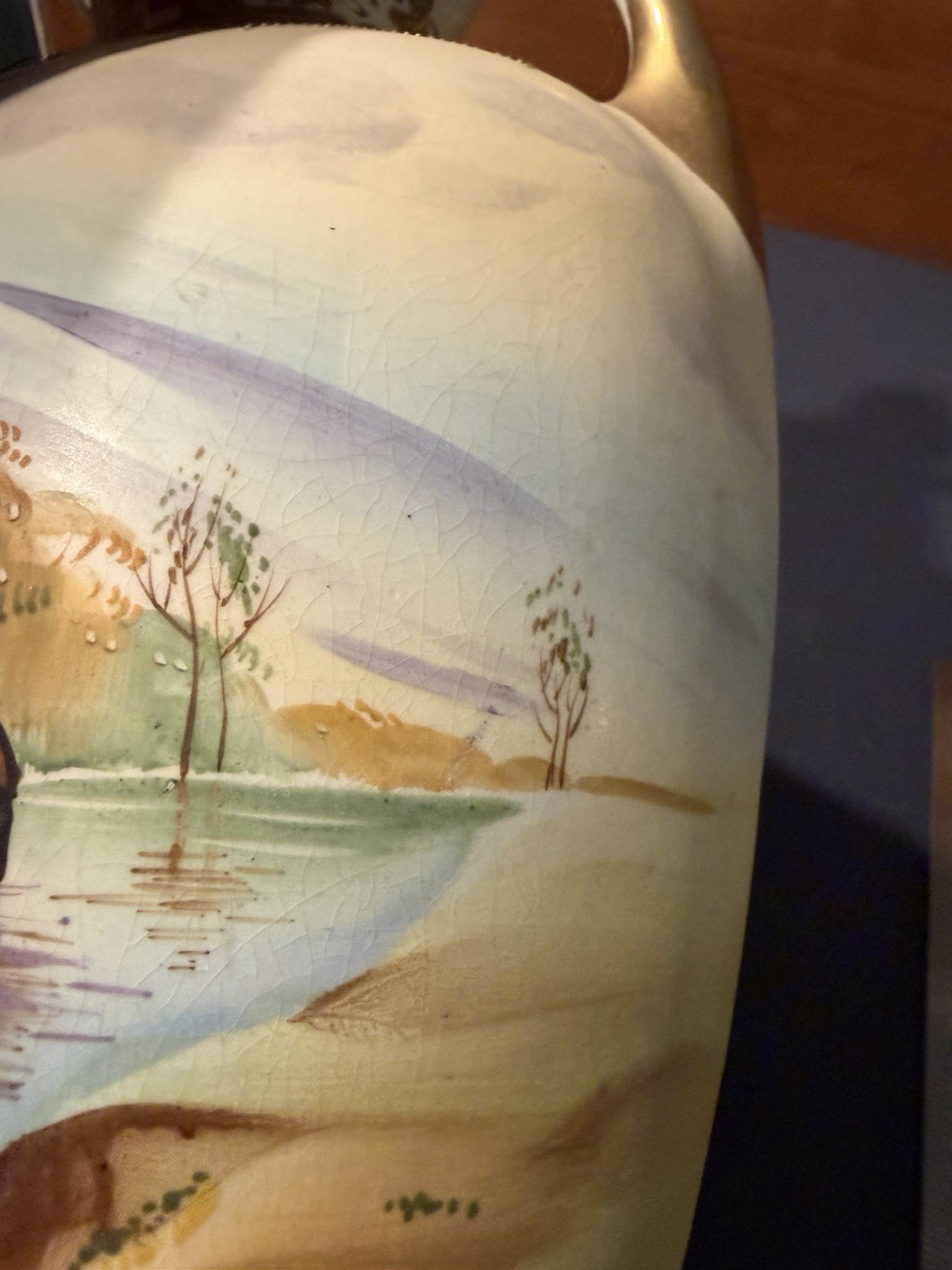 Antique Nippon Hand Painted Scenic Double Handle Vase Gold Gilt Moriage 11”