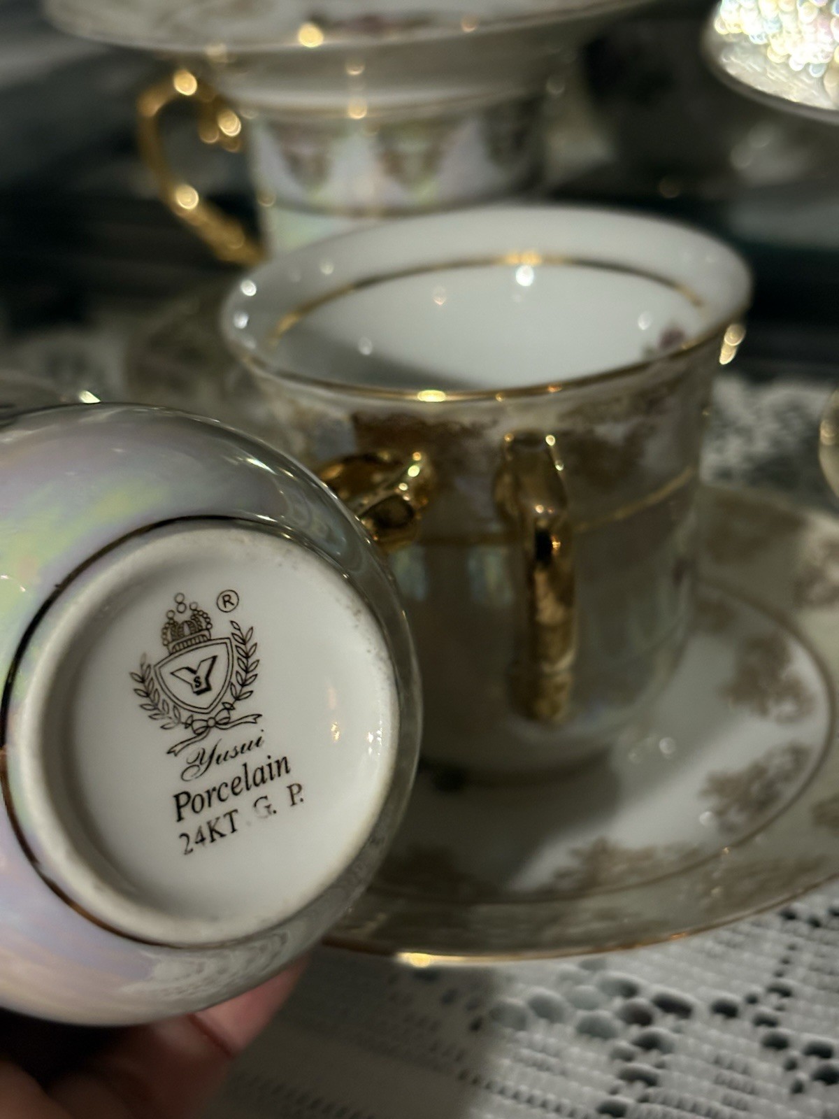 Yasui Porcelain 24KT Gold Plated Floral Cup & Saucer Set White Pink Green
