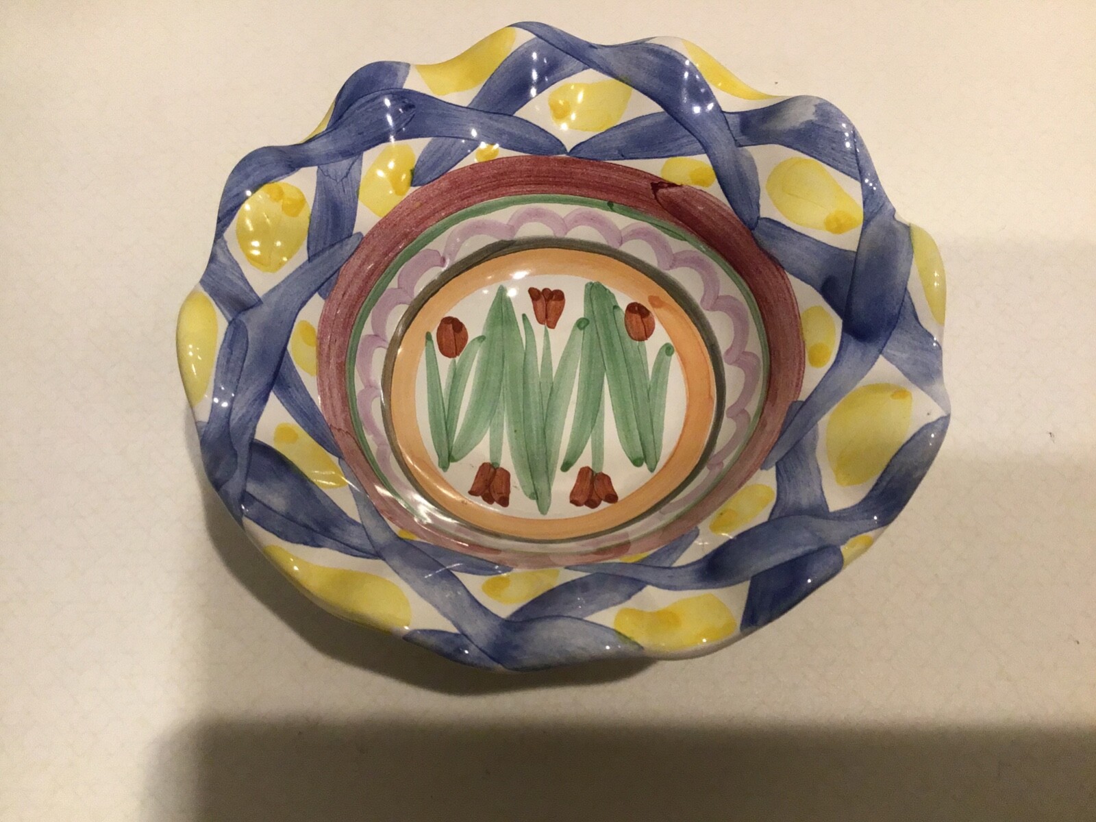 McKenzie Childs Fluted Small Round Bowl Aalsmeer Tulip Yellow Blue Pink