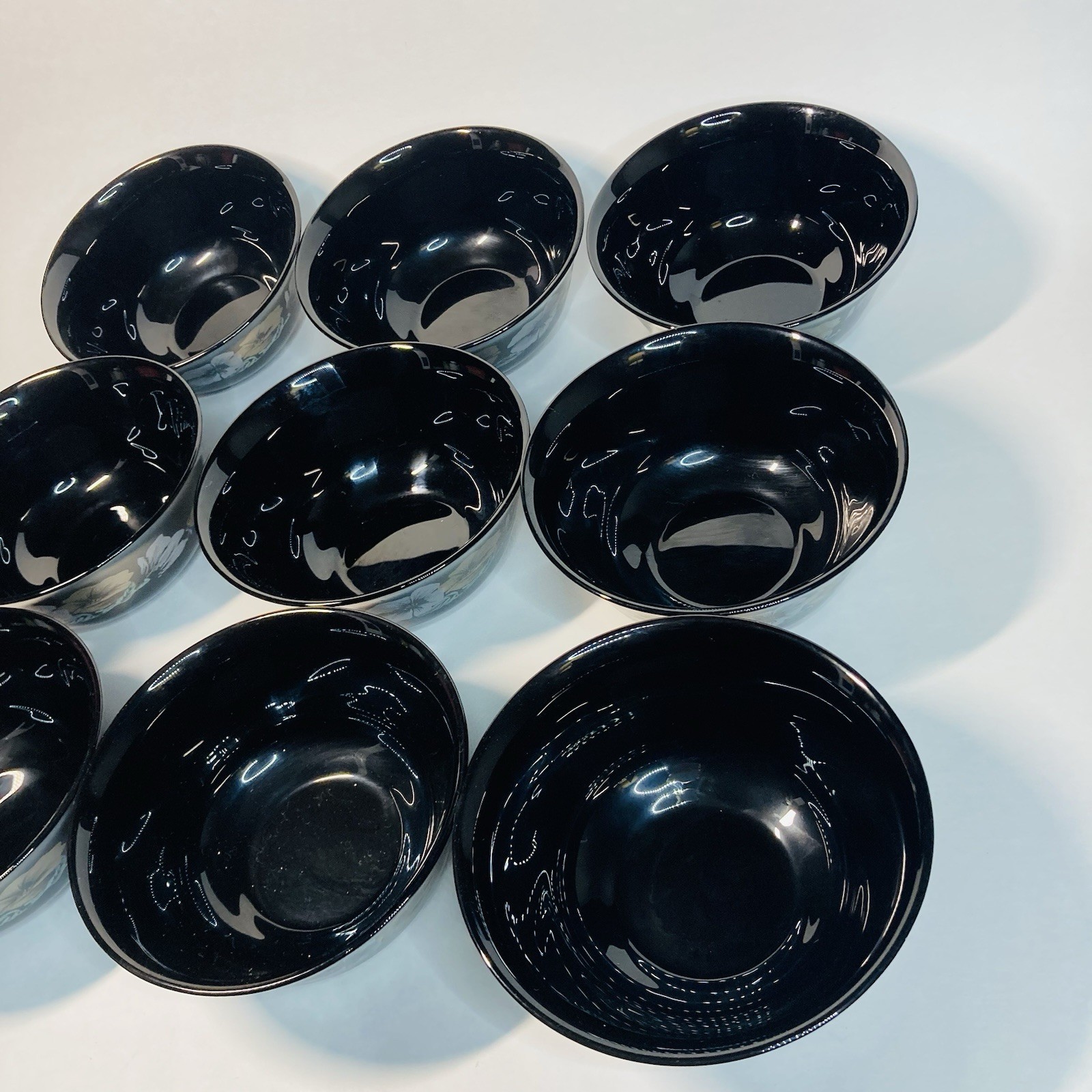 9pc Arcoroc JULIE Berry Fruit Bowl Black Glass France Gold Floral Vintage