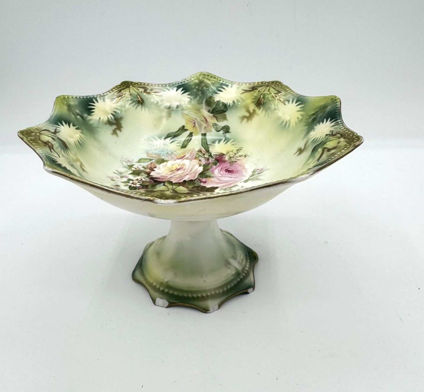 RS Prussia Pedestal Bowl Roses Green Pink Basket Gold Antique Porcelain- READ