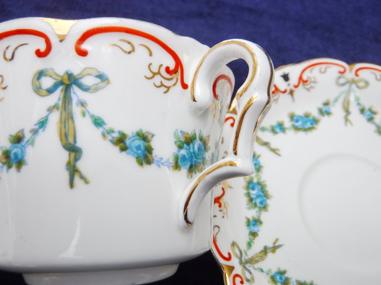 Collingwood Turquoise Ribbons, Bows & Swags of Roses Edwardian Tea Trio with