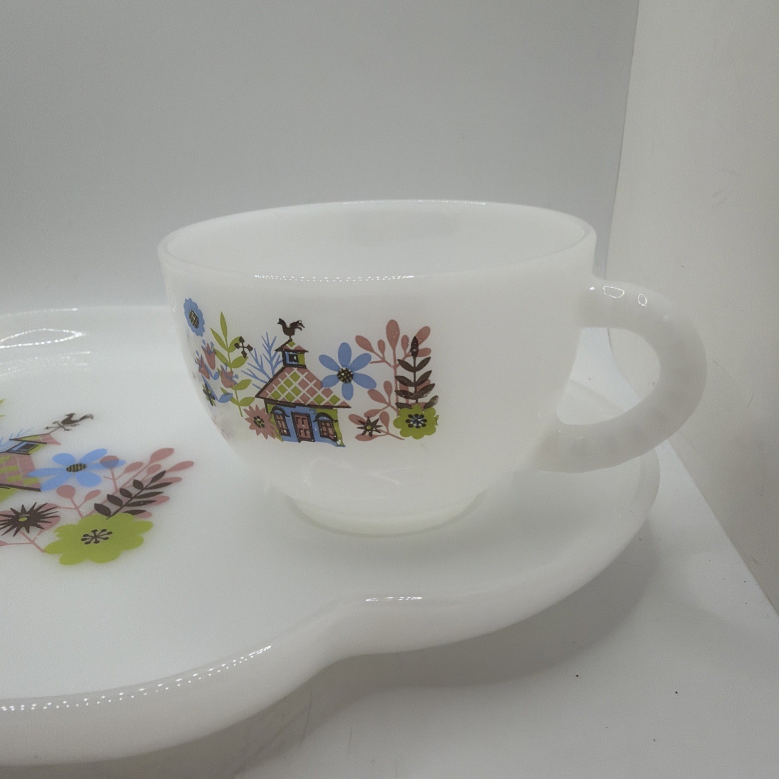 1950’s Federal Glass Company Milk Glass Chalet Snack Set Plate & Cup Vintage