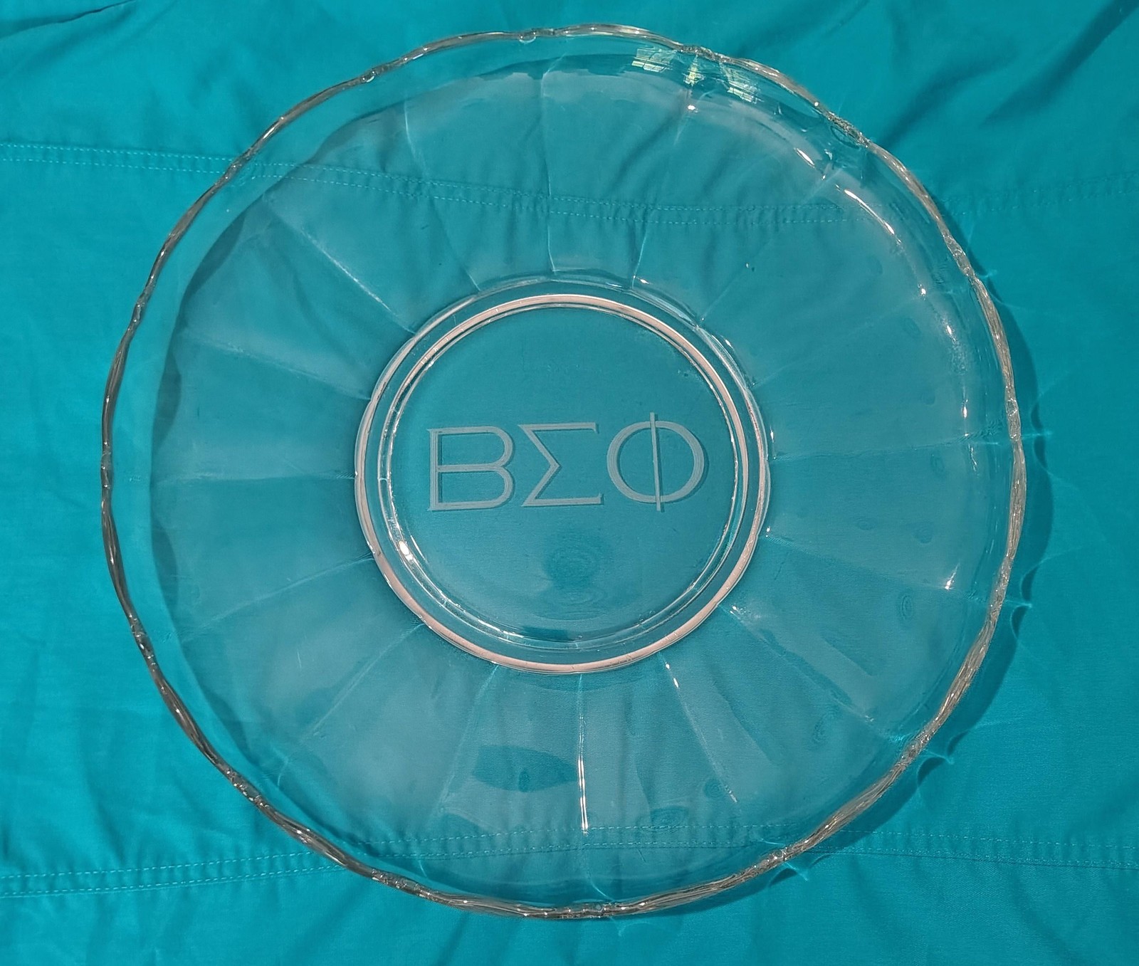 Vintage Beta Sigma Phi Glass Serving Plate 13.5″ Greek Sorority Engraved Decor 1