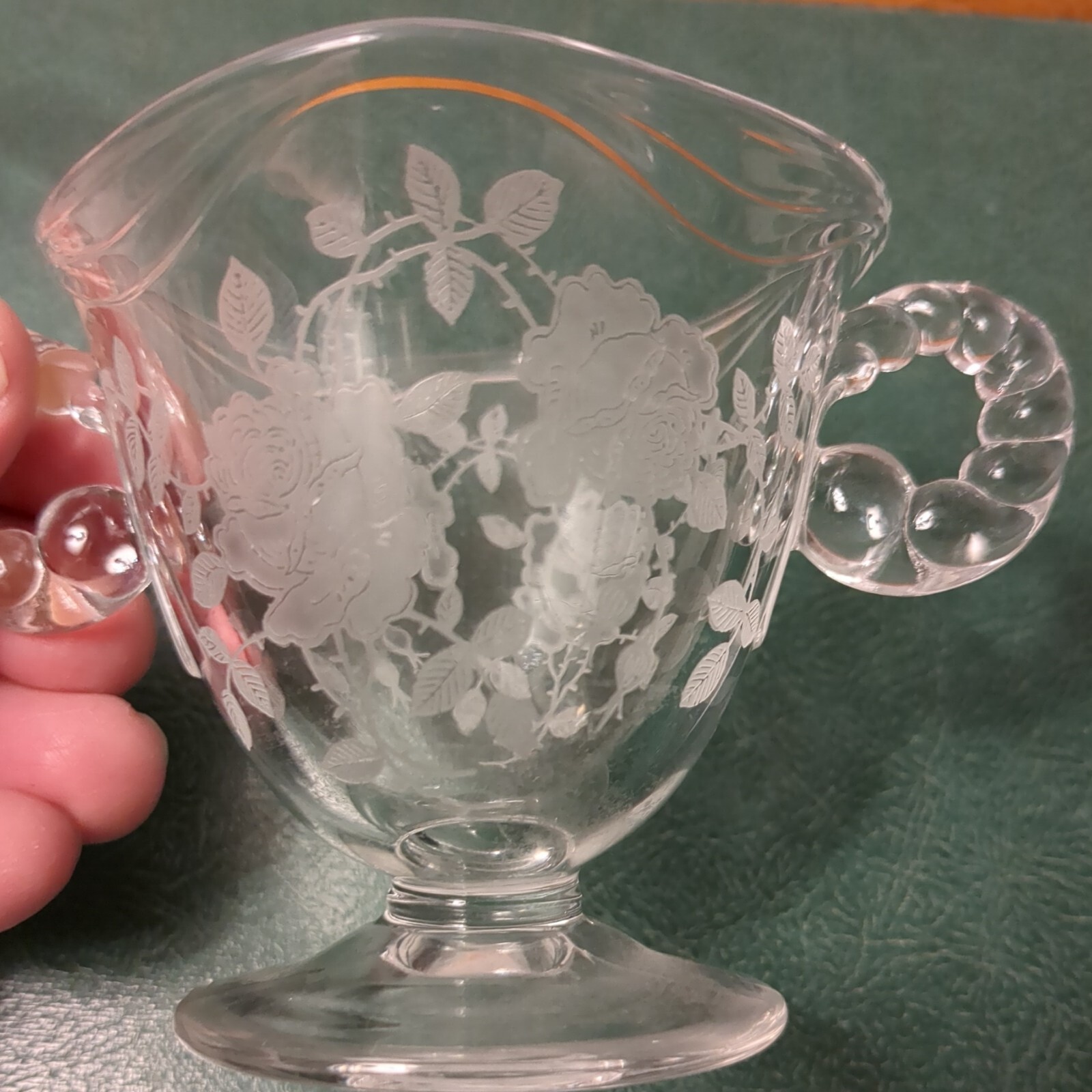 Creamer & Sugar w Willomere Etch ~ 3 inches tall Fostoria Coronet Glass
