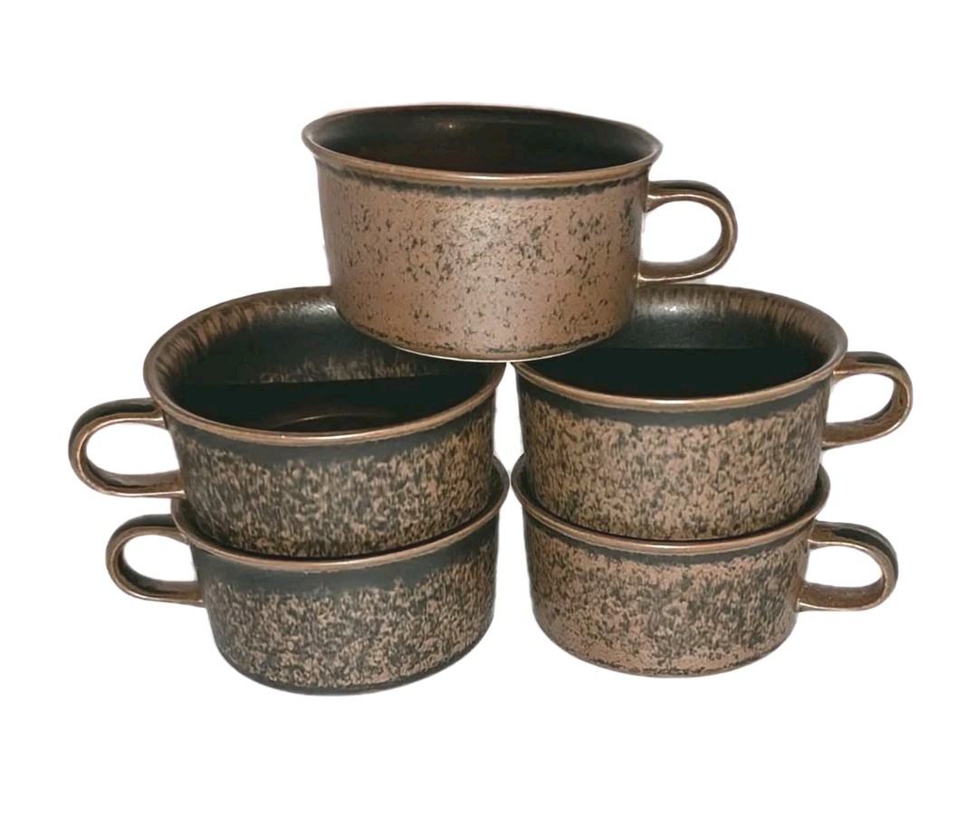 x5 Vtg Arabia Finland RUSKA Cups Brown Flat Drum Mugs Stoneware Mug Cup 4×2⅛” A+