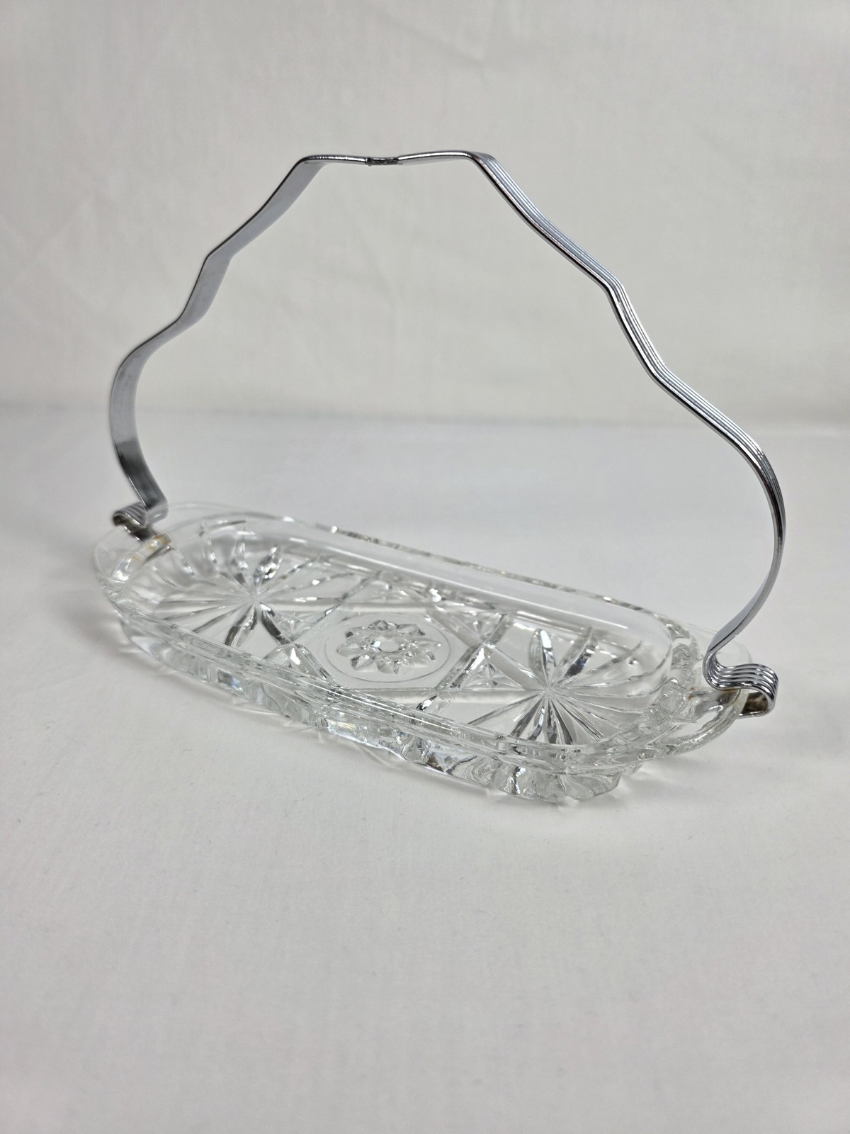 Vintage Glass Relish Tray Chrome Handle Starburst Cut Pattern Candy Dish Server