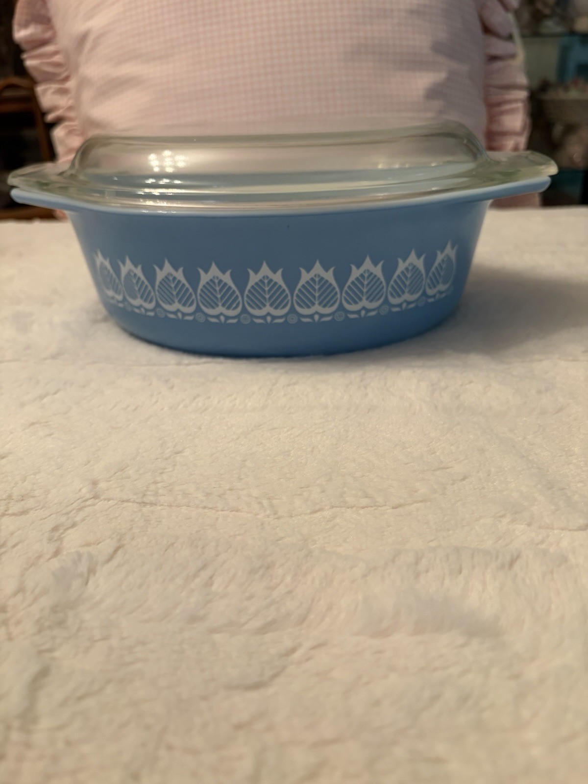 VTG Pyrex “BLUE TULIP” #043 1.5Qt Oval Casserole W/ Glass Lid 1960’s Promo EUC