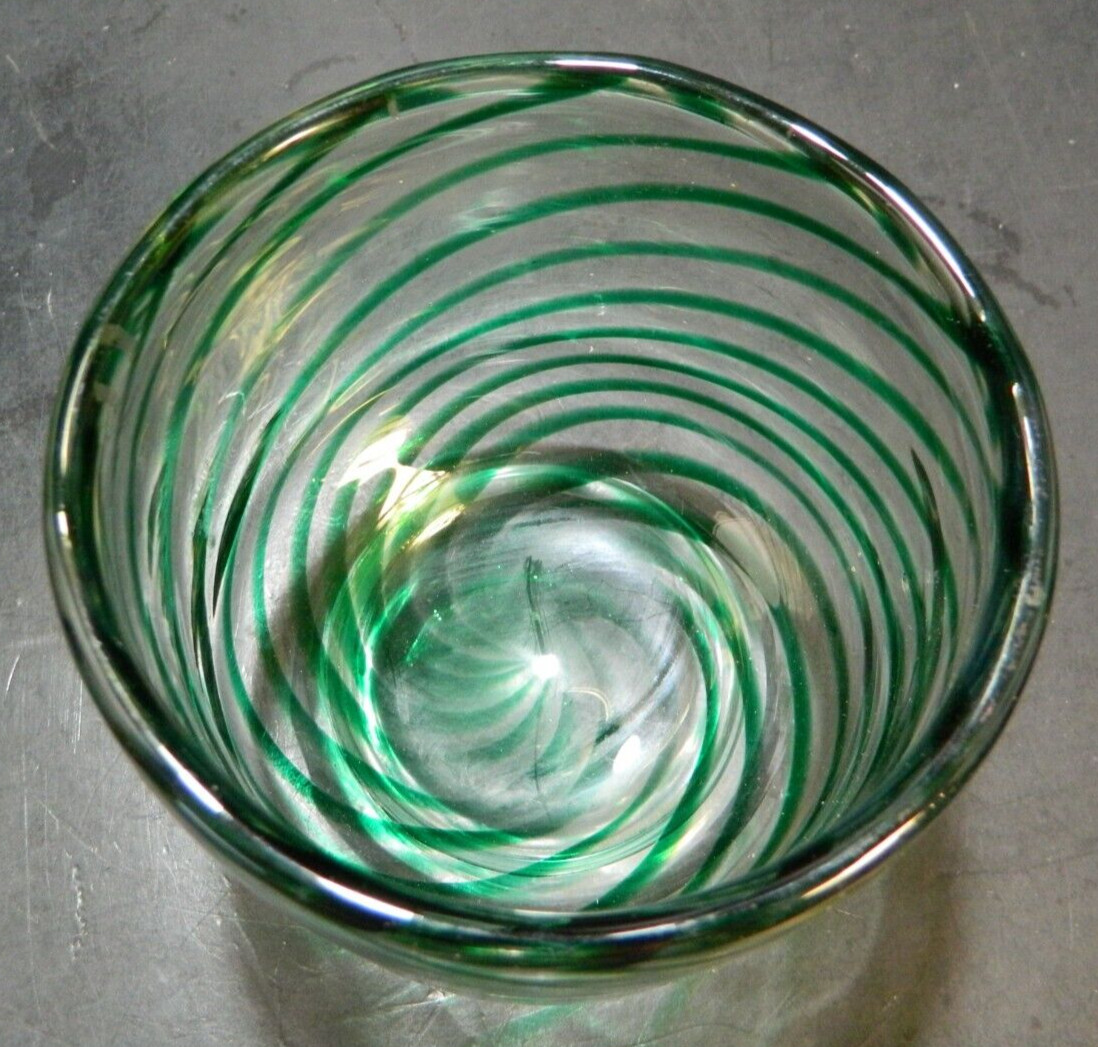 Vintage Hand Blown Green & Clear Swirl Glass Bowl / Vase 4″x4.25″x4.25″ Excel