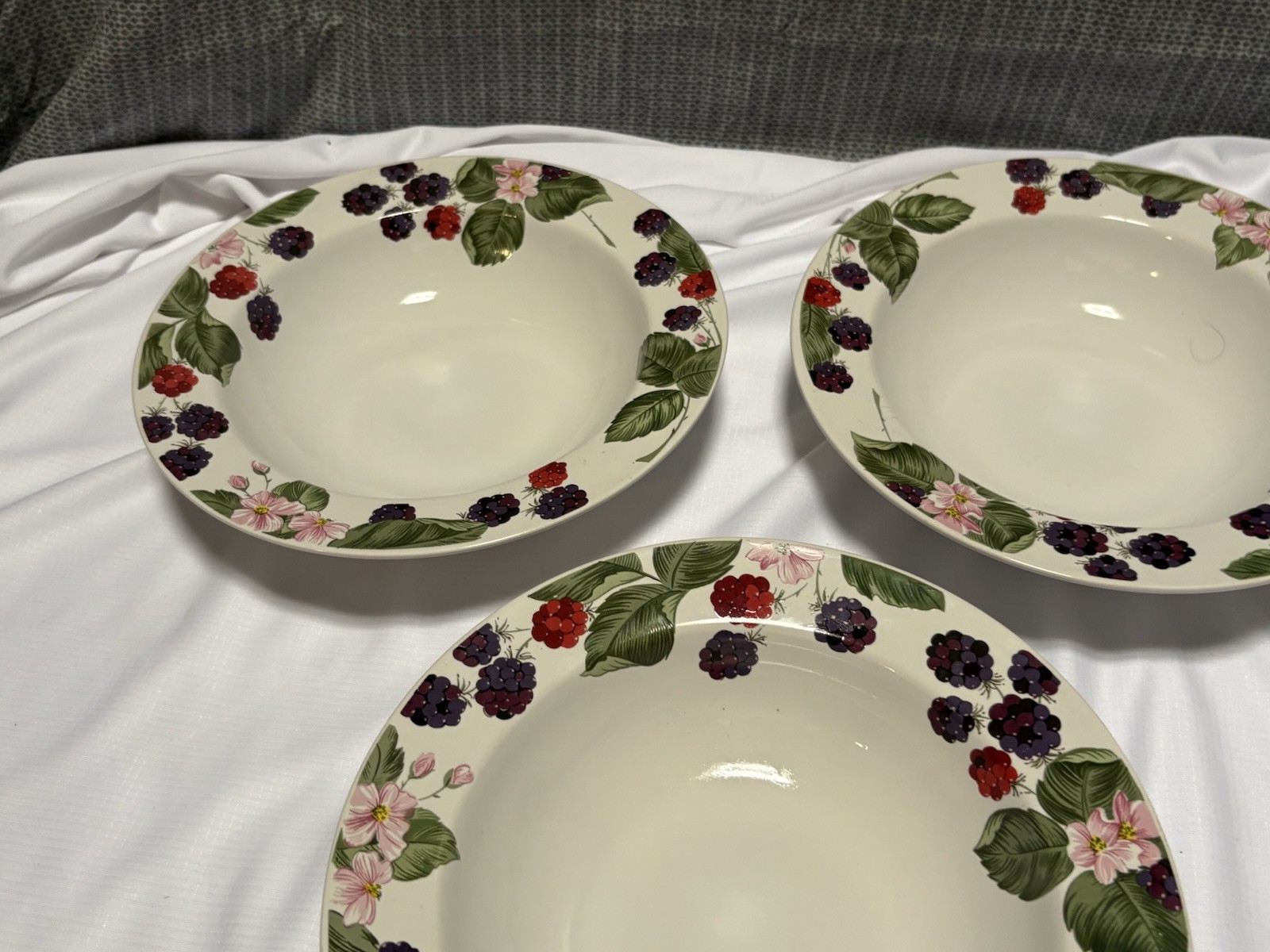 Three (3) Tienshan Stoneware Raspberry Social Rimmed 8 1/2” Soup Cereal Bowls
