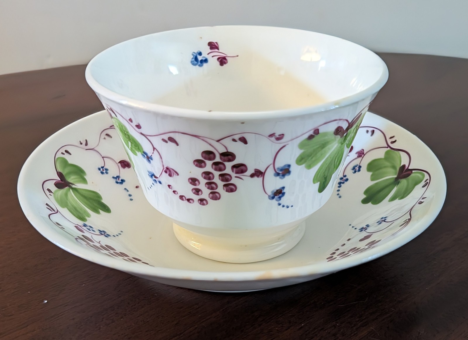 Antique 1830s Handpainted Porcelain Handless Cup & Saucer ~ Grape & Vine