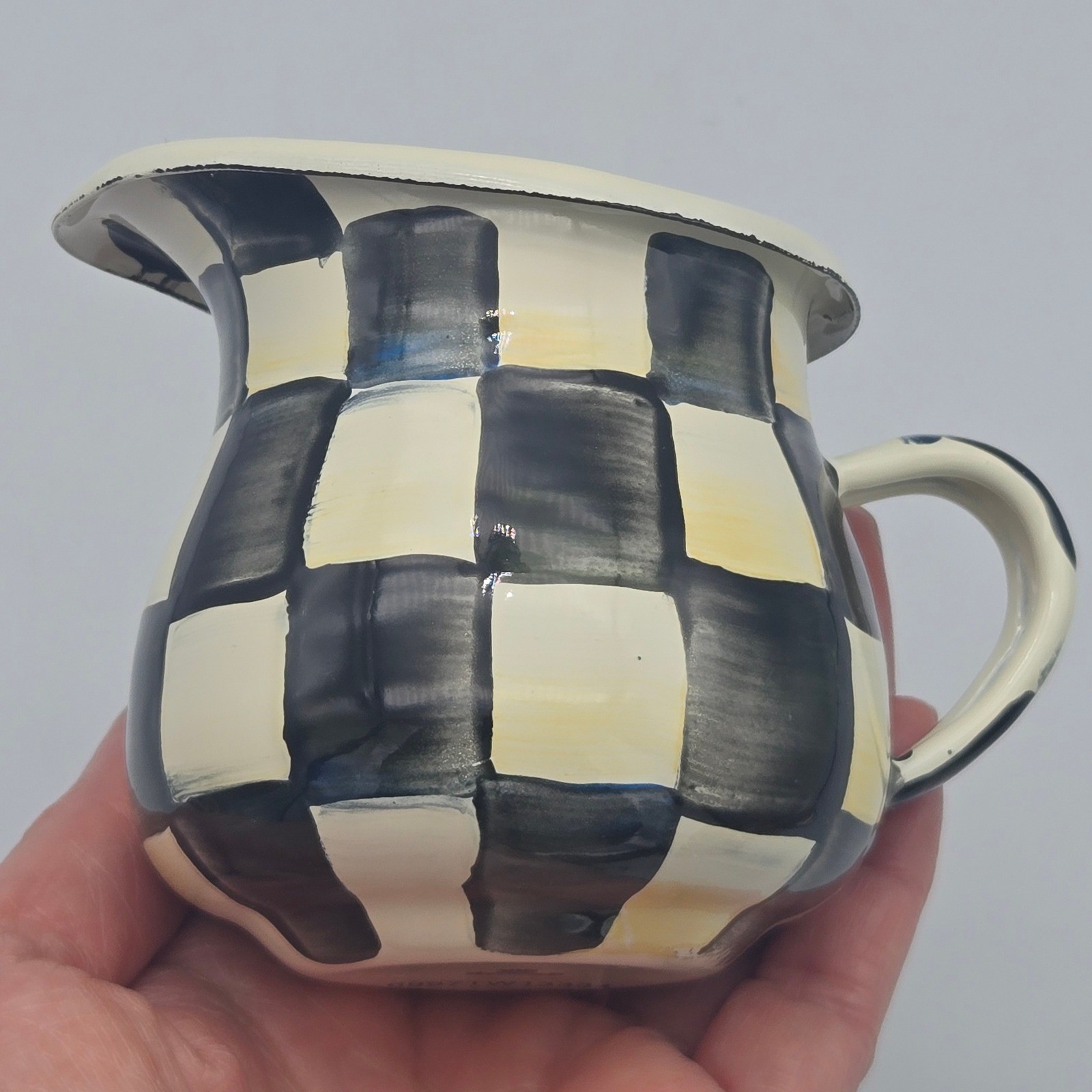 MacKenzie-Childs Courtly Check Enamel Creamer Pitcher Black and White Classic 3″