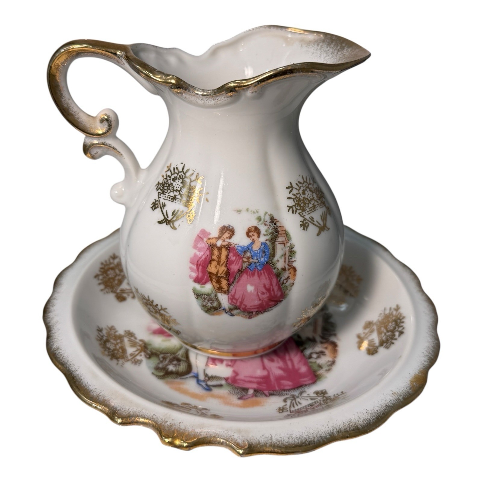 Vintage Japan Creamer and Saucer Courting Couple Victorian Scene Gold Gilt