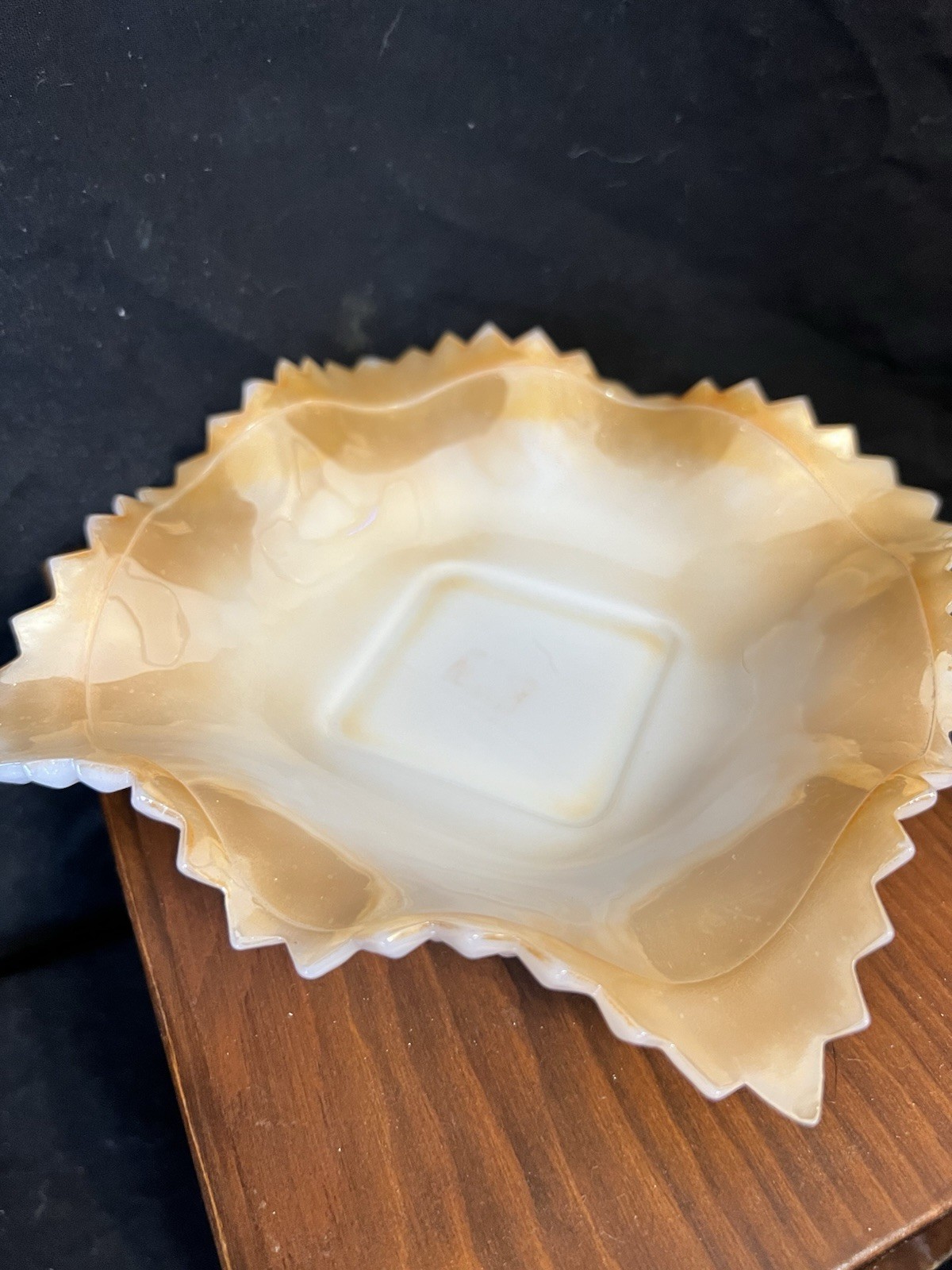 Vintage Indiana Milk Glass Peach Luster Ruffle Edge Diamond Cut Square Dish
