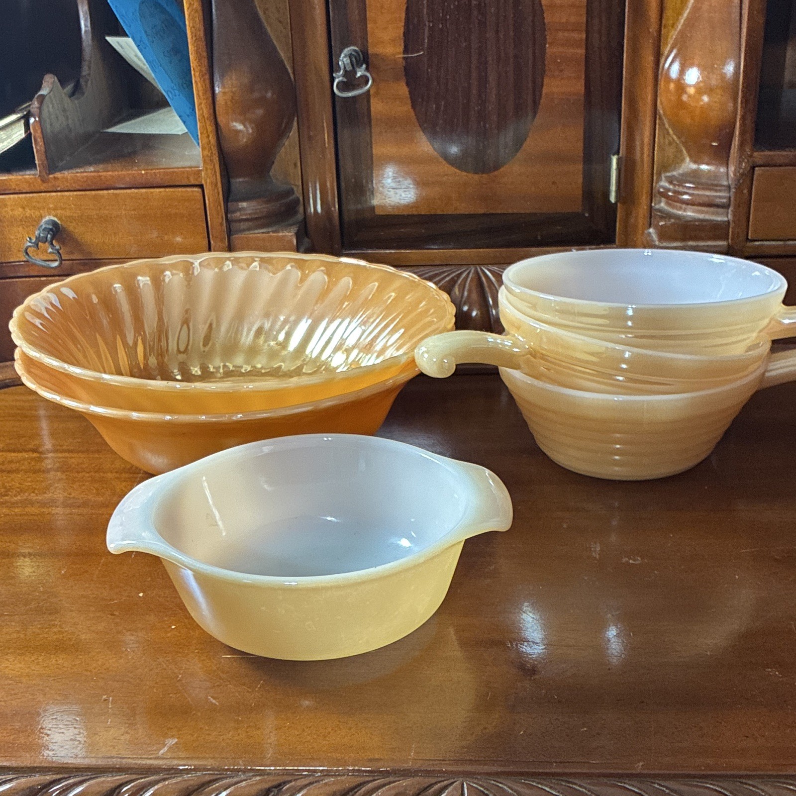 6 piece Fire-King Peach Swirl Milk Glass Set Oven Safe MCM USA 1950s.