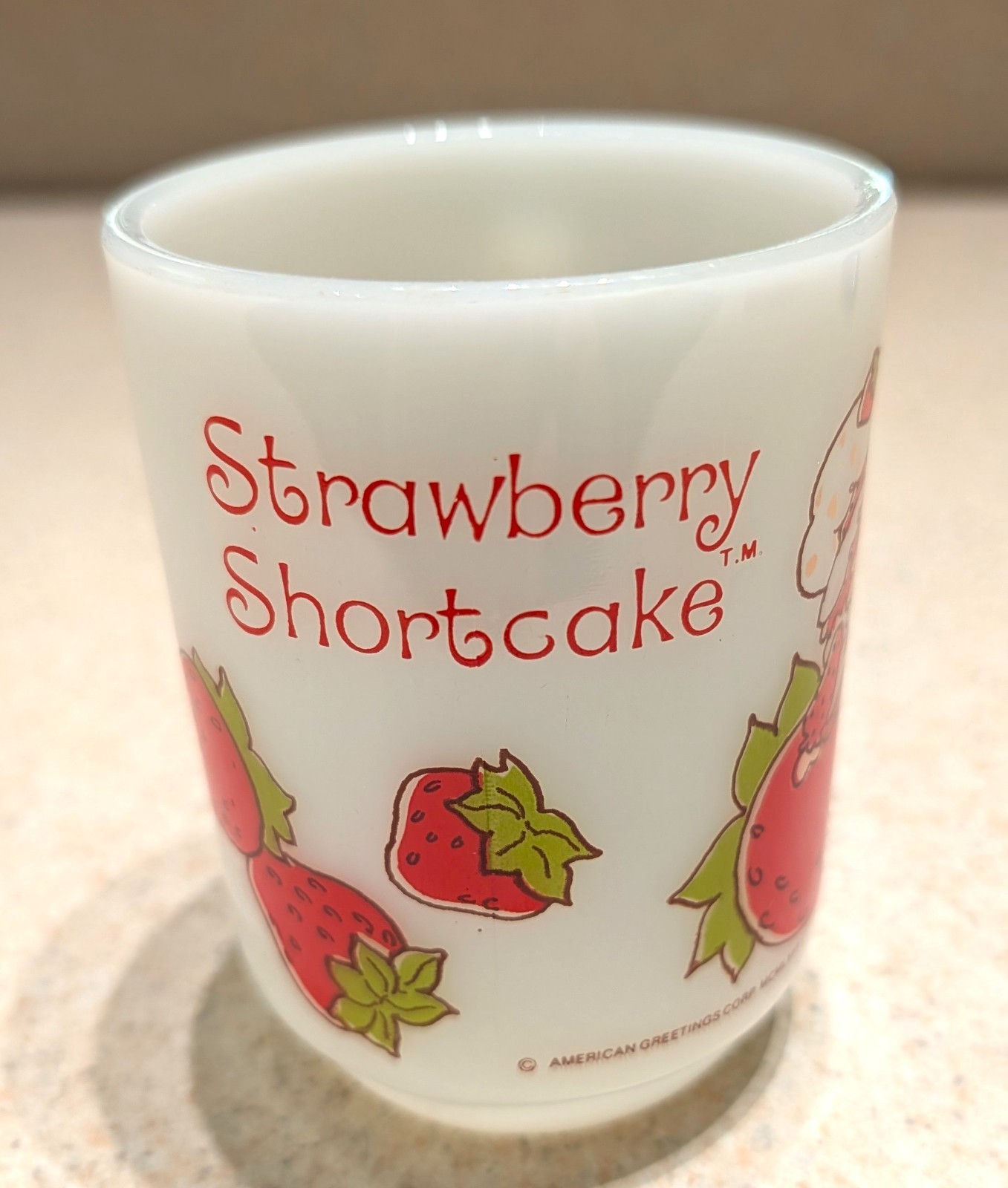 1980  Strawberry  Shortcake  Fire‑King  Anchor  Hocking  Milk  Glass  Cup
