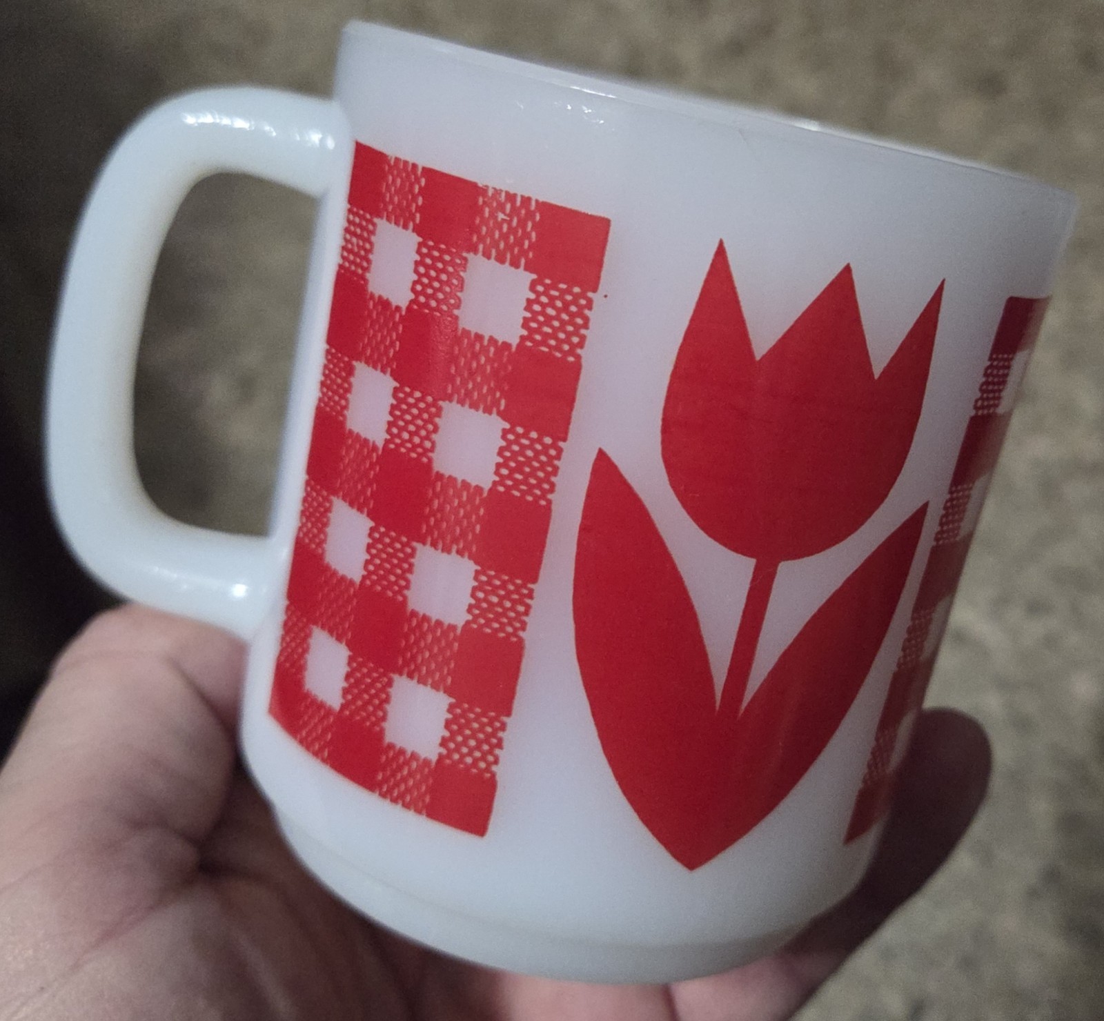Vtg Termocrisa?Jeannette Glasbake? Coffee Mug Red Tulip Gingham 1960’s-70’s