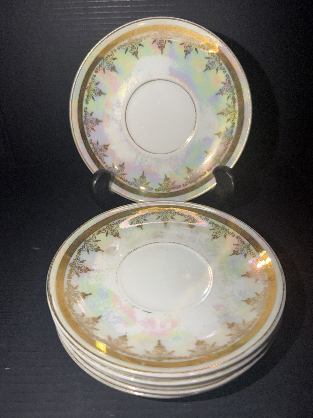 Vintage Bohemia Czech Lustreware Saucers Gold Trim Set Czechoslovakia