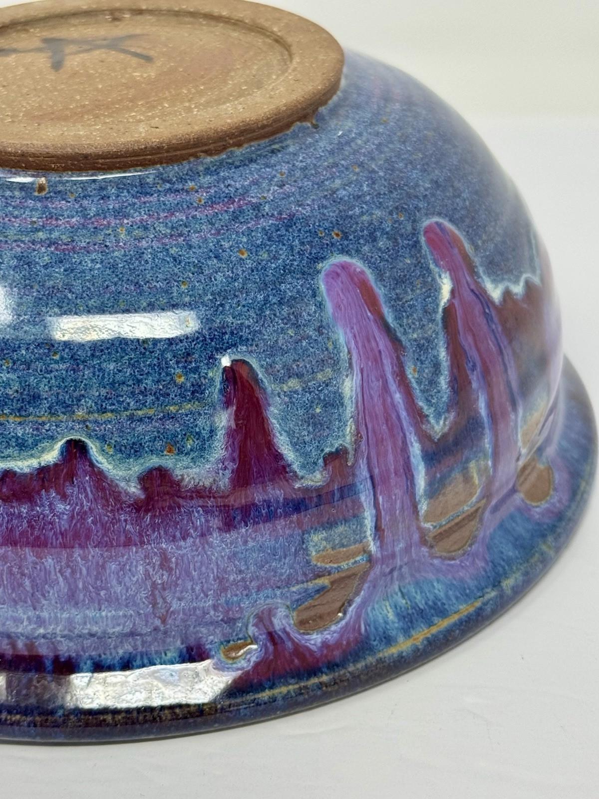 Vintage Studio Pottery Bowl Blue Purple Drip Glaze Handmade Ceramic Signed 7.75”