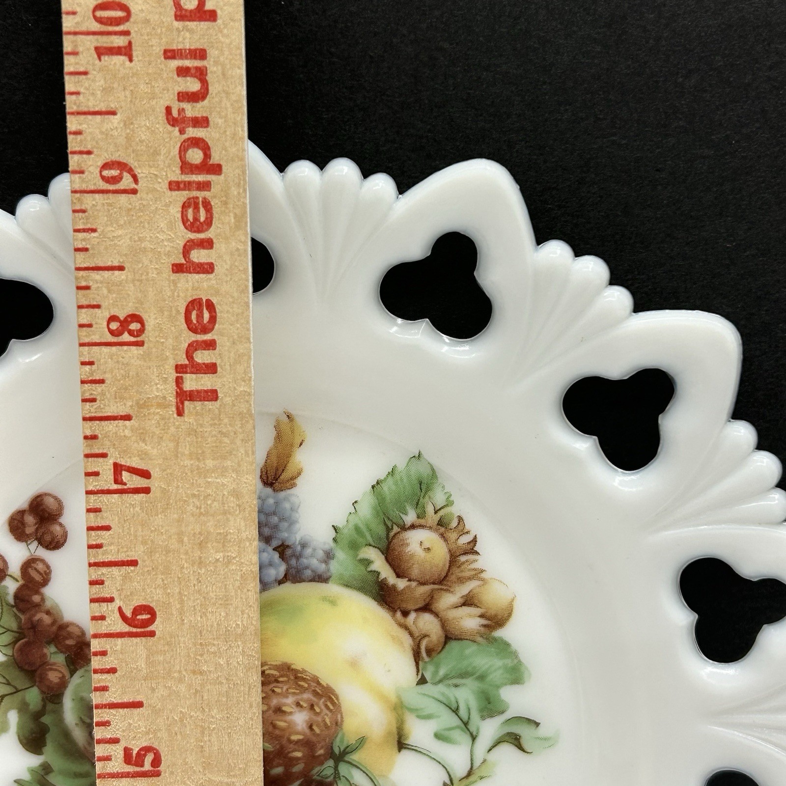 Kemple Milk Glass Plate “Shell & Club” Open Lace Border with Fruit Transfer VTG