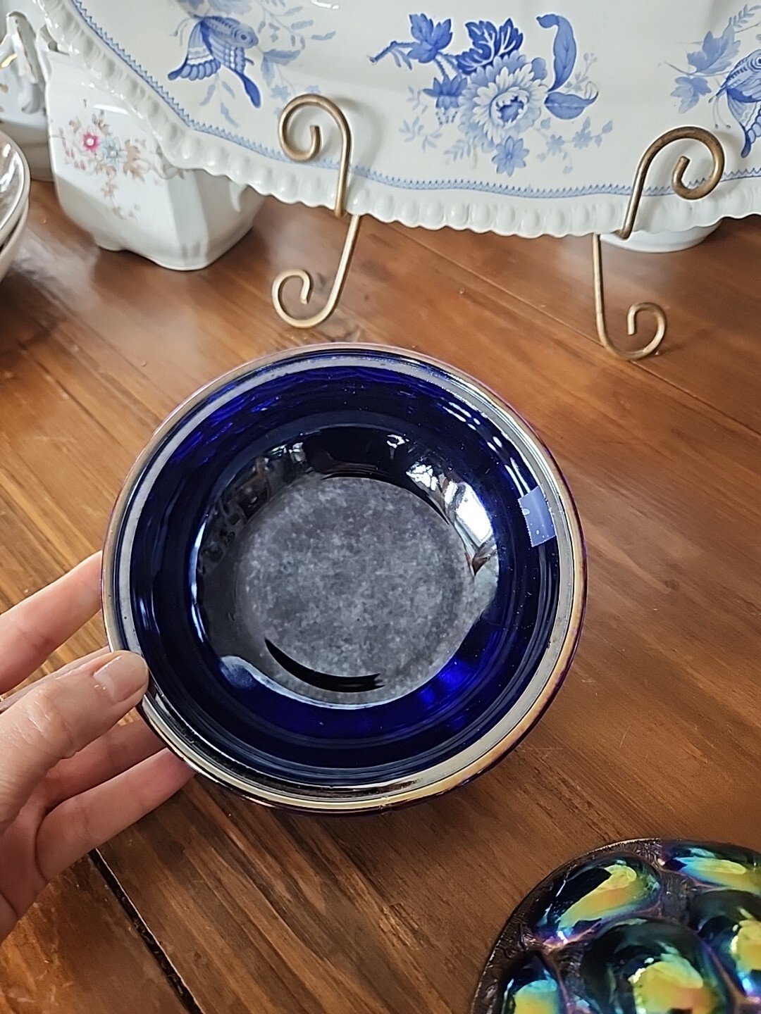 Westmoreland Cobalt Blue Carnival Chick & Eggs Easter Covered Lidded Candy Dish
