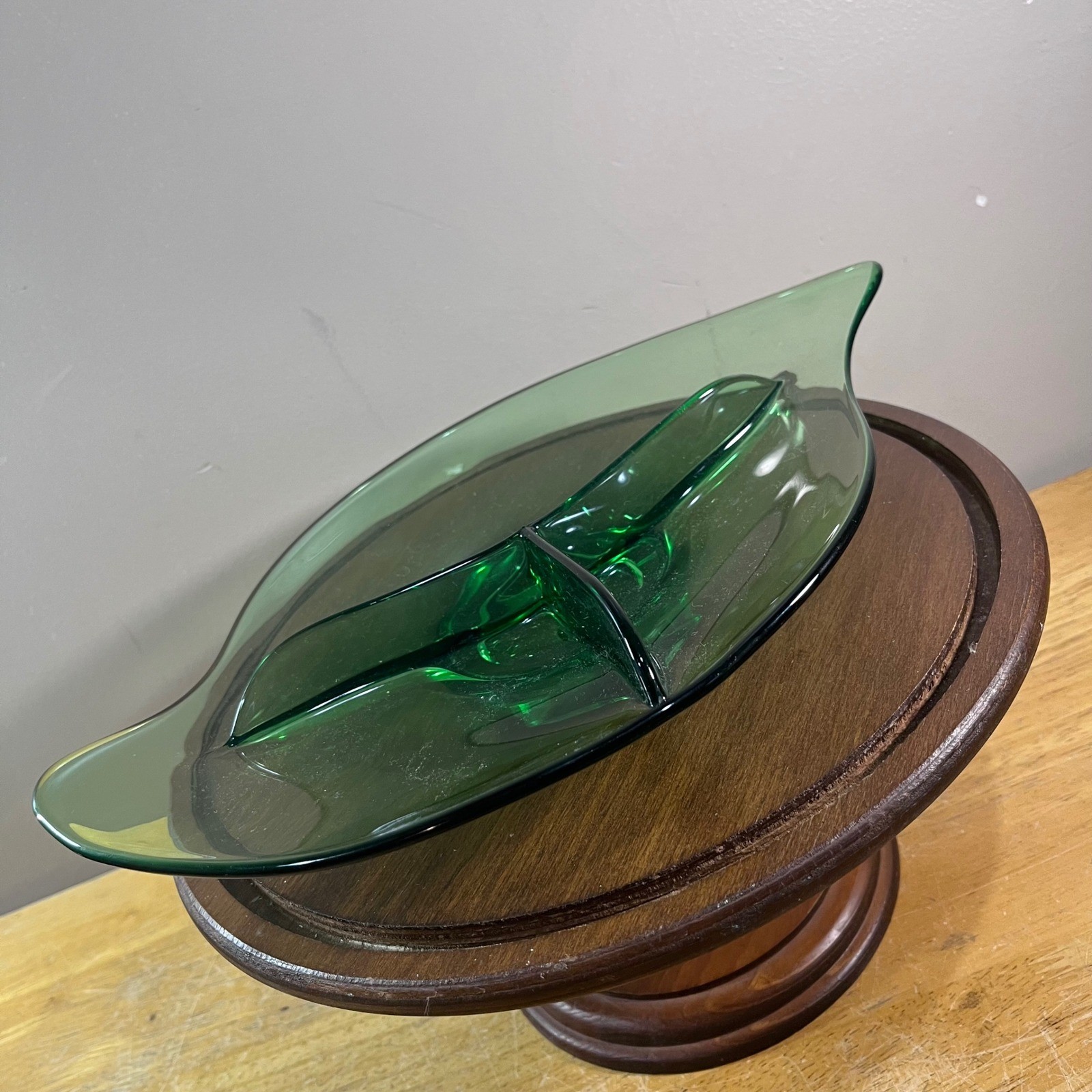 Vtg Viking Glass Epic Leaf Emerald Green Divided Relish Dish Mid Century Modern