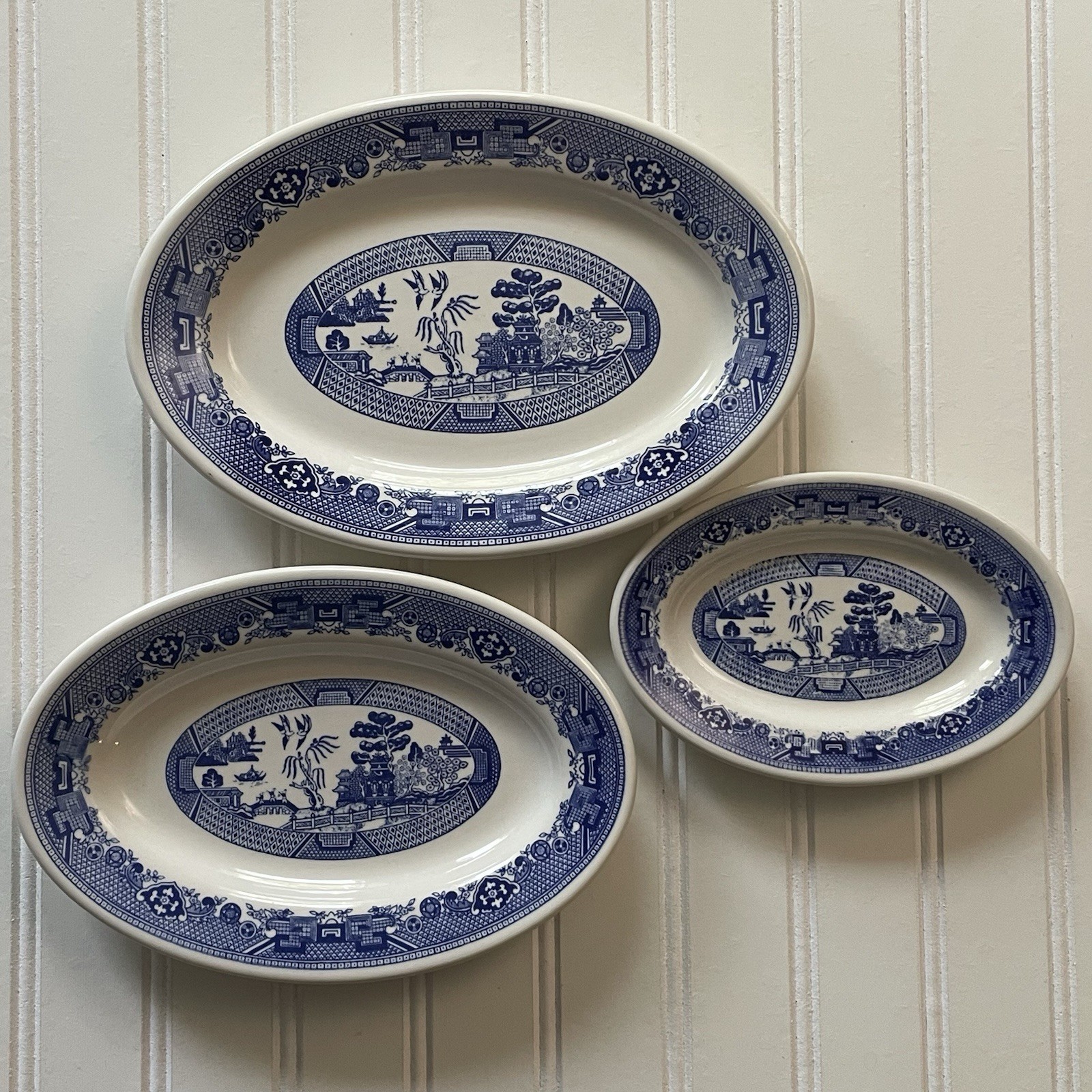Vtg Buffalo China Blue Willow Restaurant Ware Oval Platter Set 3 Serving Plates