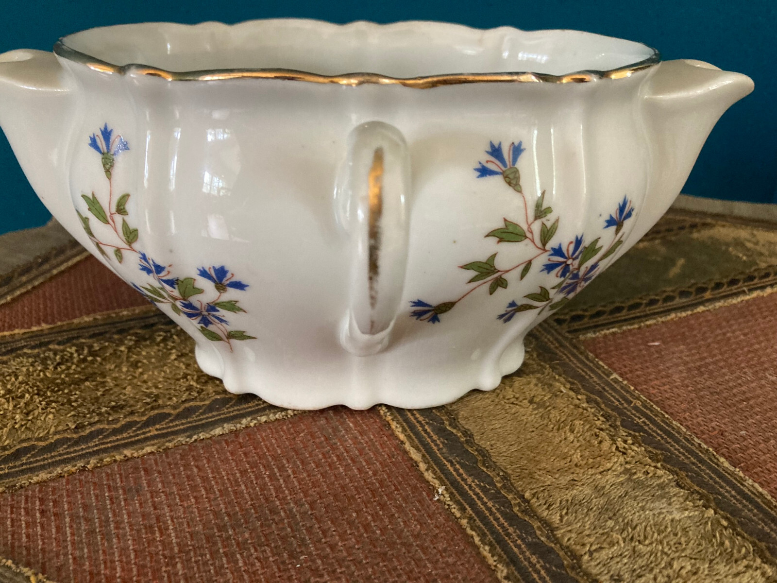 Vintage White Floral Porcelain Double Spout Gravy Boat