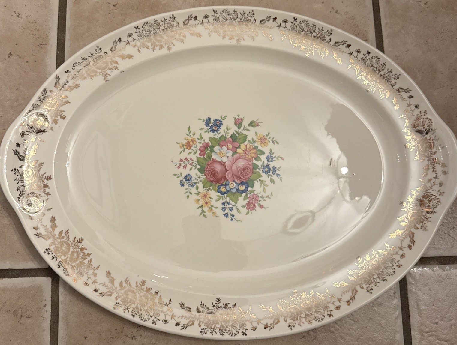 Vintage Taylor Smith Taylor Platter Spring Floral Pattern & Gold Filigree 15.5”