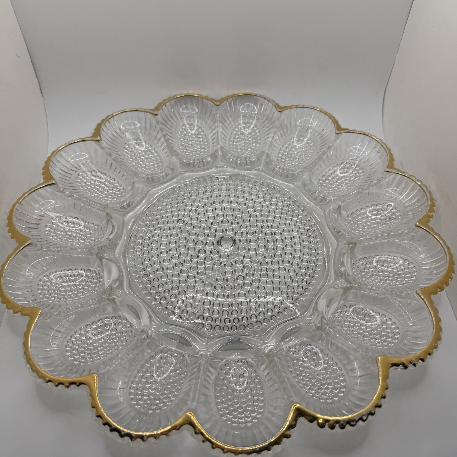 Vtg Indiana Glass Hobnail Deviled Egg Plate Gold Trim 15 Slot Relish Tray READ