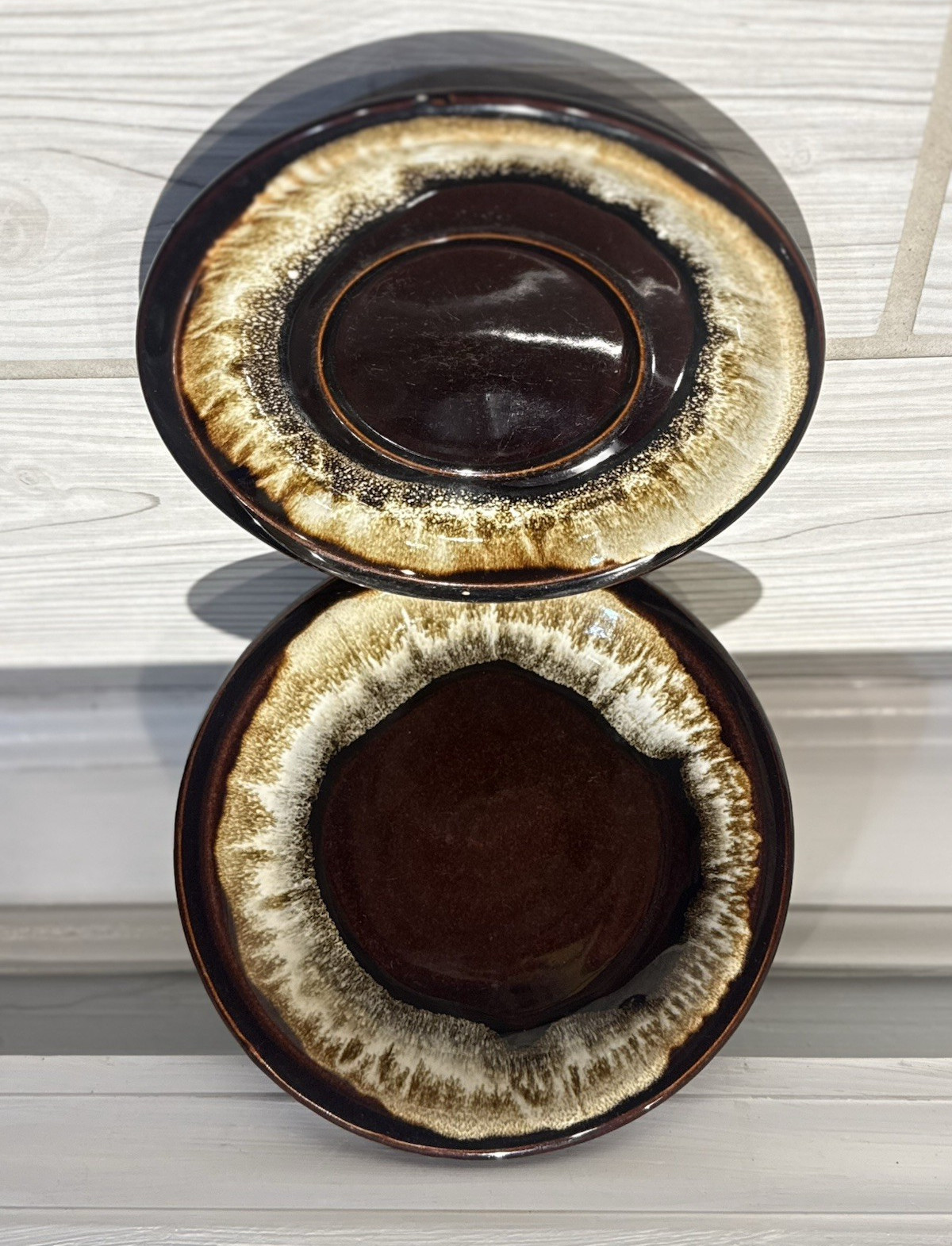 Vintage Pfaltzgraff Stoneware Saucers x2 6.5-7 inches Brown Drip Glaze