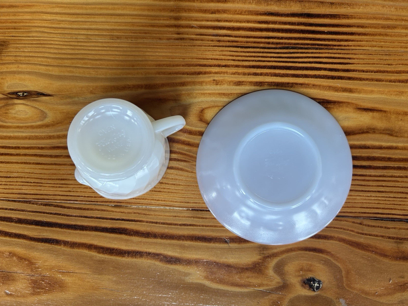 2-PC Vintage Fire King Milk Glass Creamer Pitcher & Saucer Plate Ovenware USA