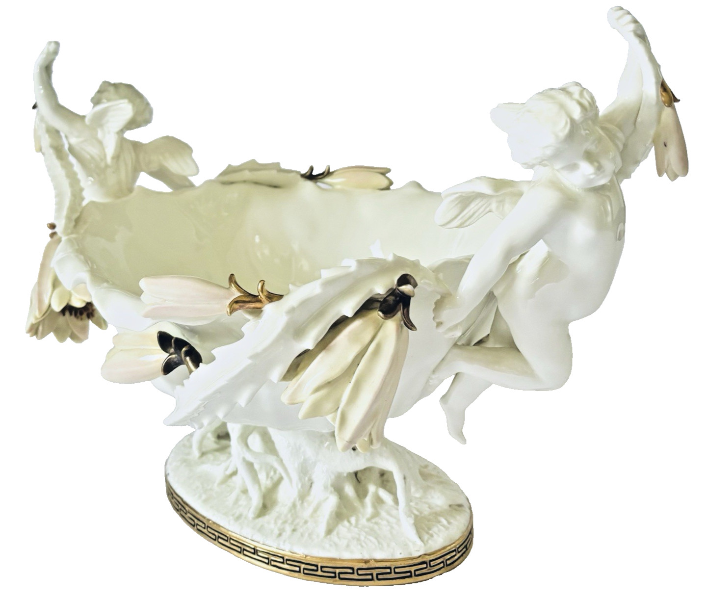 Antique Moore Bros. English Porcelain Cactus Flower Double Cherub Centerpiece