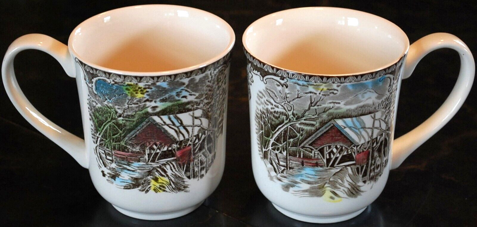 Set 2 Vintage MUGS Johnson Bros FRIENDLY VILLAGE ‘COVERED BRIDGE’ Transferware